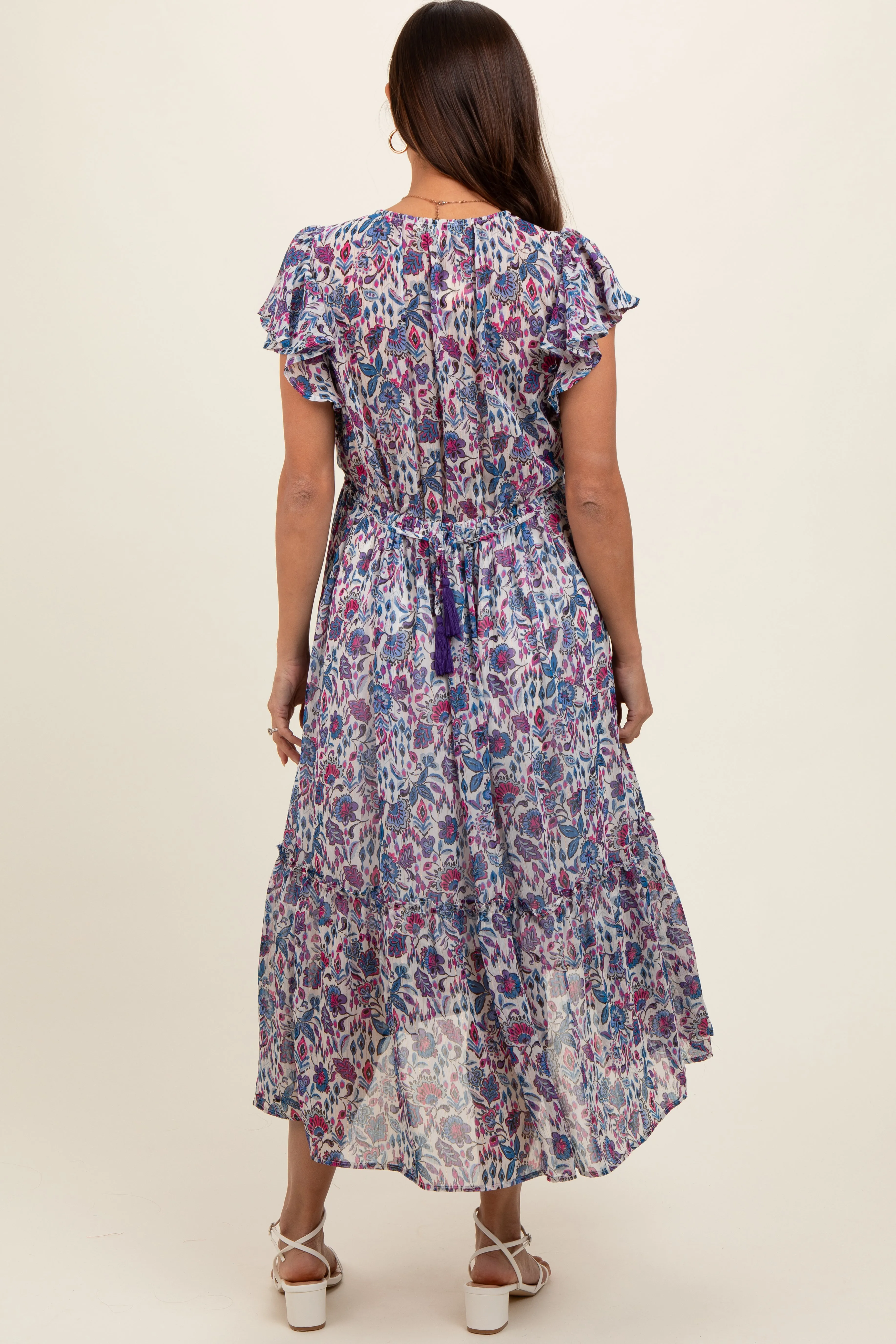 Blue Floral Chiffon Flutter Sleeve Ruffle Hem Maternity Midi Dress sold by Pinkblush product image thumbnail 4