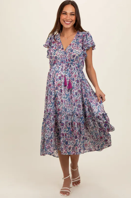 Blue Floral Chiffon Flutter Sleeve Ruffle Hem Maternity Midi Dress sold by Pinkblush