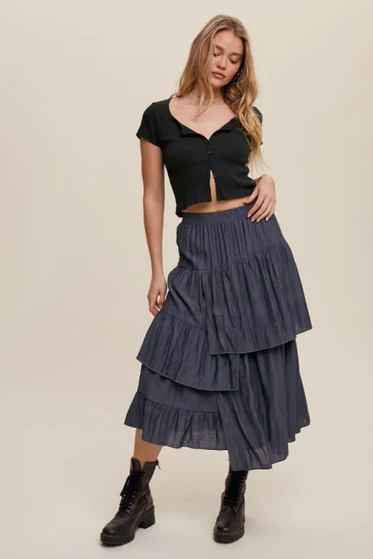 Vintage Navy High Waist Asymmetrical Layered Maxi Skirt sold by Pinkblush
