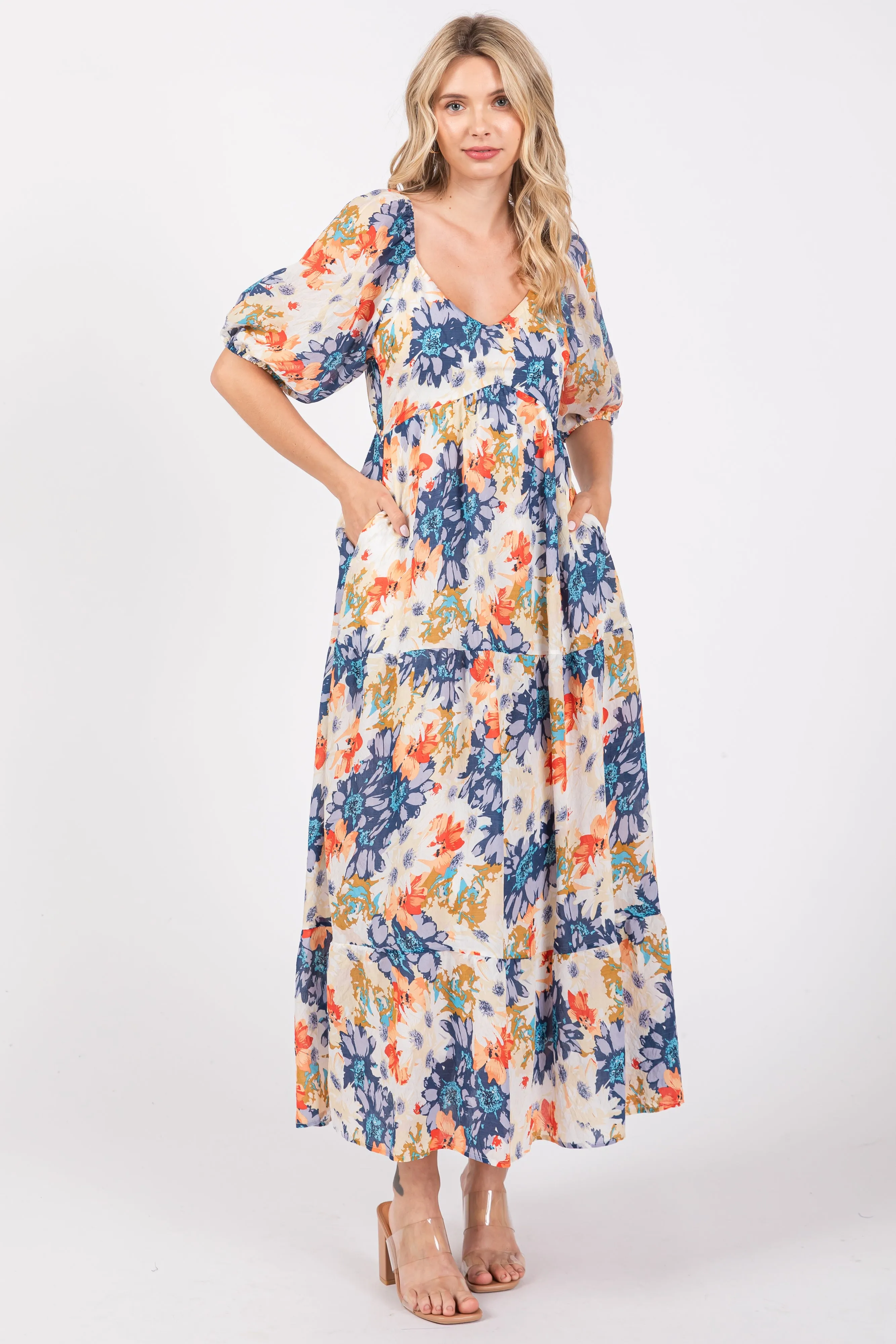 Navy Blue V-Neck Short Puff Sleeve Tiered Midi Dress sold by Pinkblush product image thumbnail 2