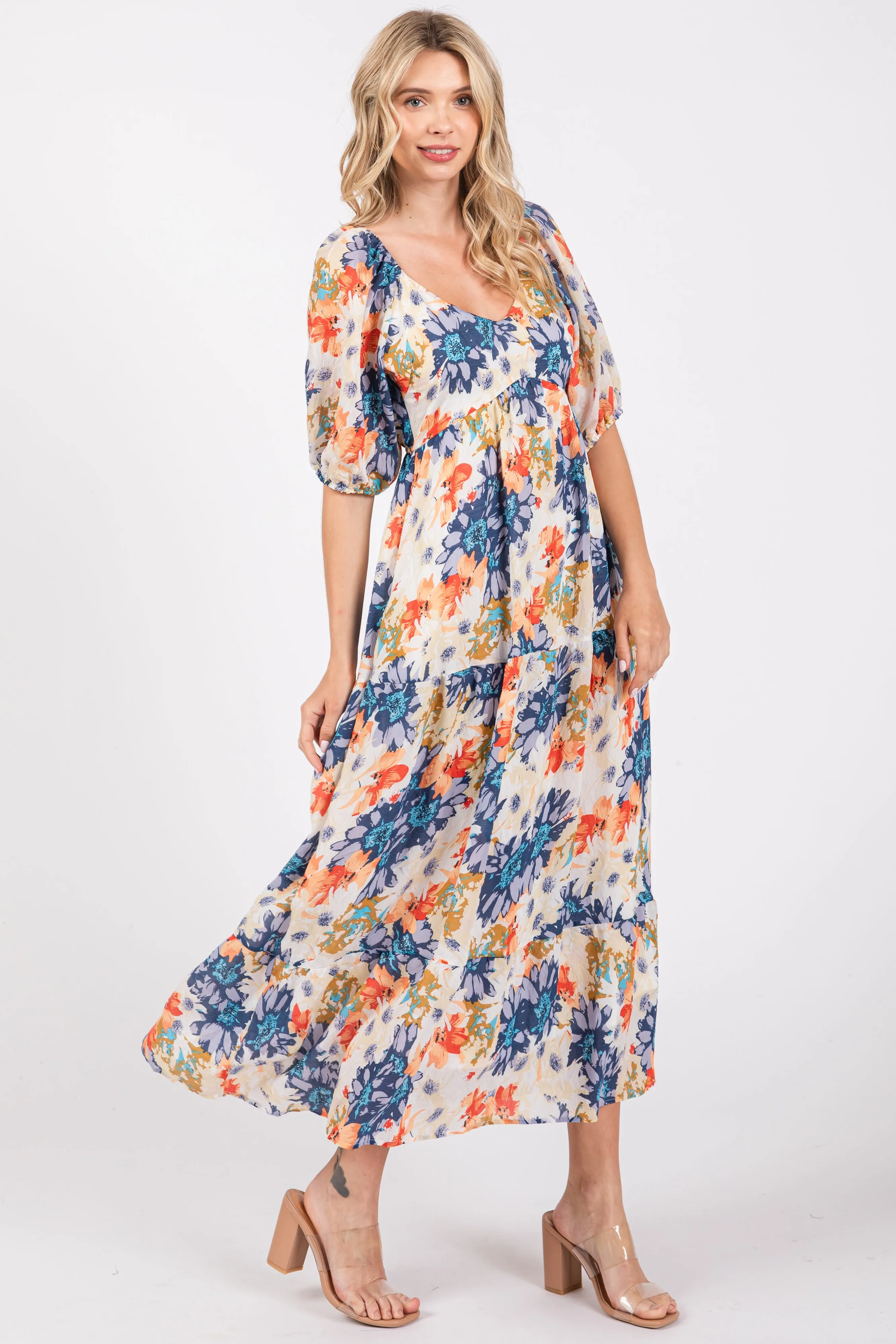 Navy Blue V-Neck Short Puff Sleeve Tiered Midi Dress sold by Pinkblush product image thumbnail 3