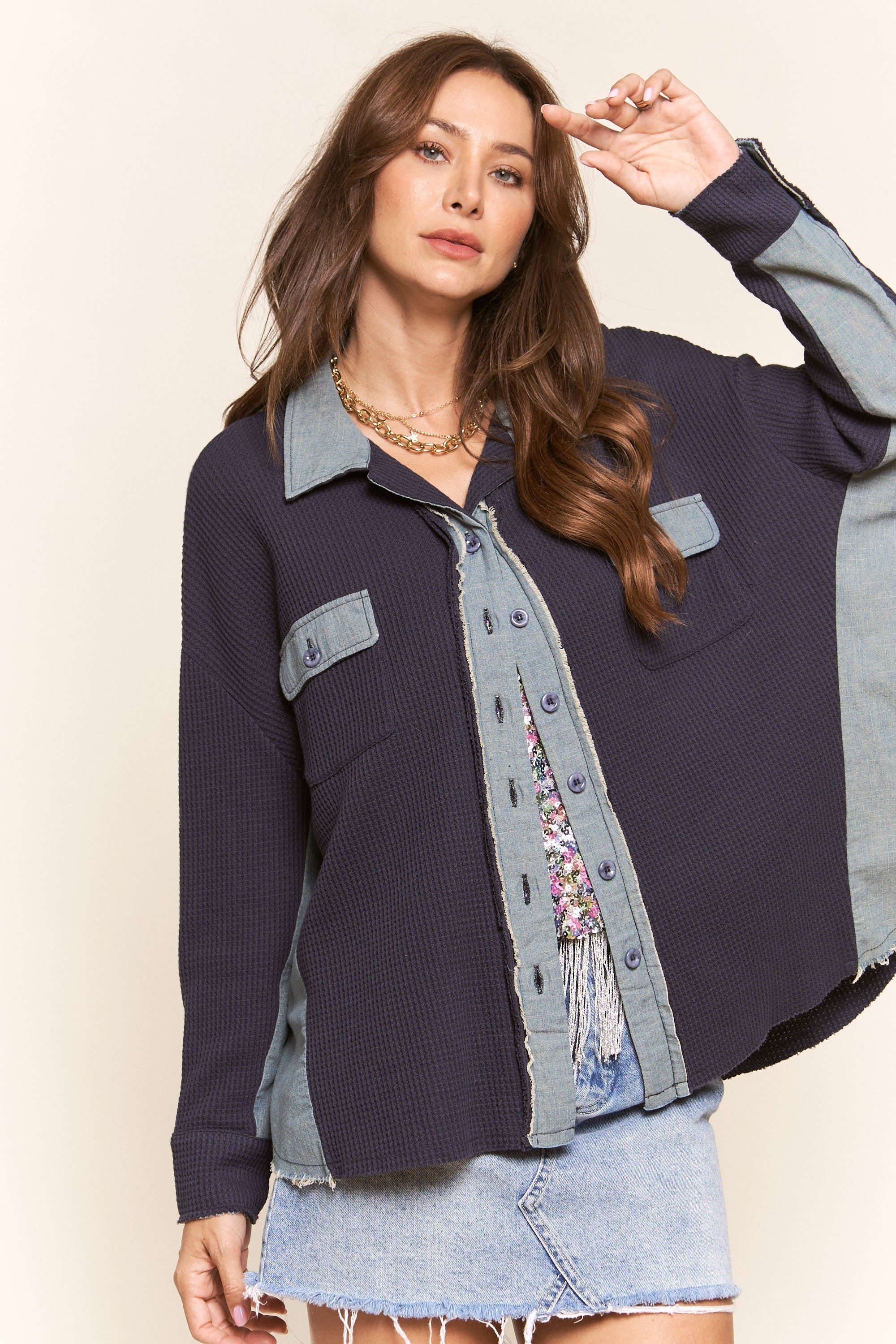 Blue Long Button Up Collared Top sold by Pinkblush product image thumbnail 4