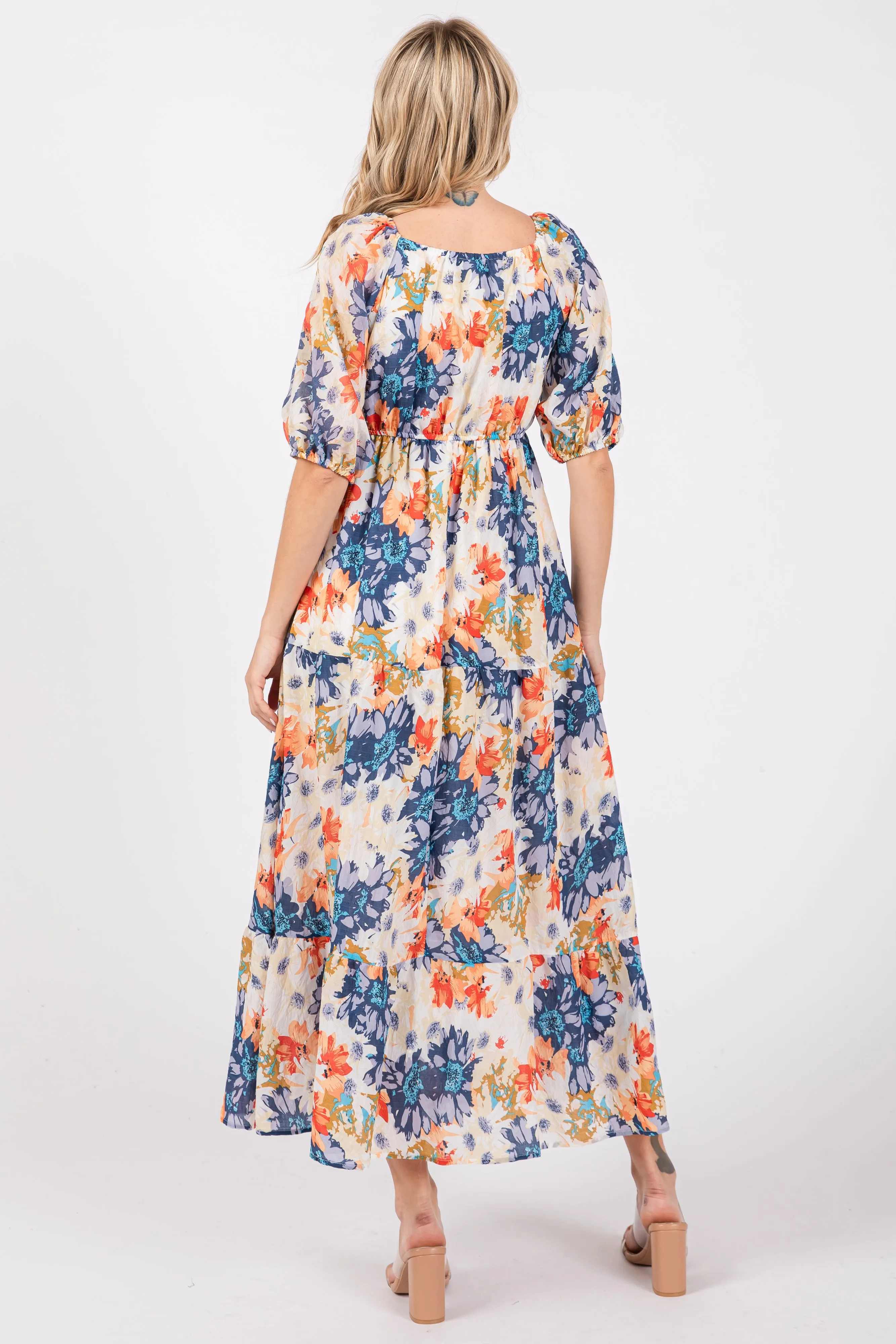 Navy Blue V-Neck Short Puff Sleeve Tiered Midi Dress sold by Pinkblush product image thumbnail 4