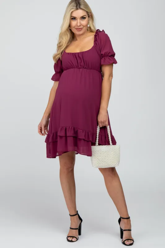 Magenta Chiffon Puff Sleeve Ruffle Maternity Dress sold by Pinkblush