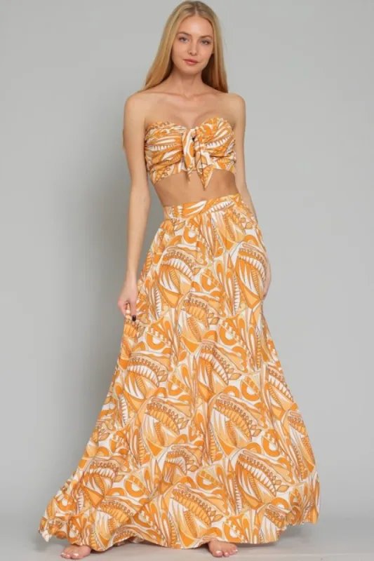 White Golden Mustard Tube Crop Top And High Waisted Tiered Maxi Skirt sold by Pinkblush