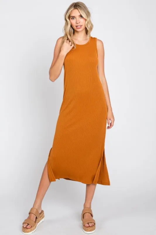 Camel Basic Ribbed Side Slit Midi Dress sold by Pinkblush