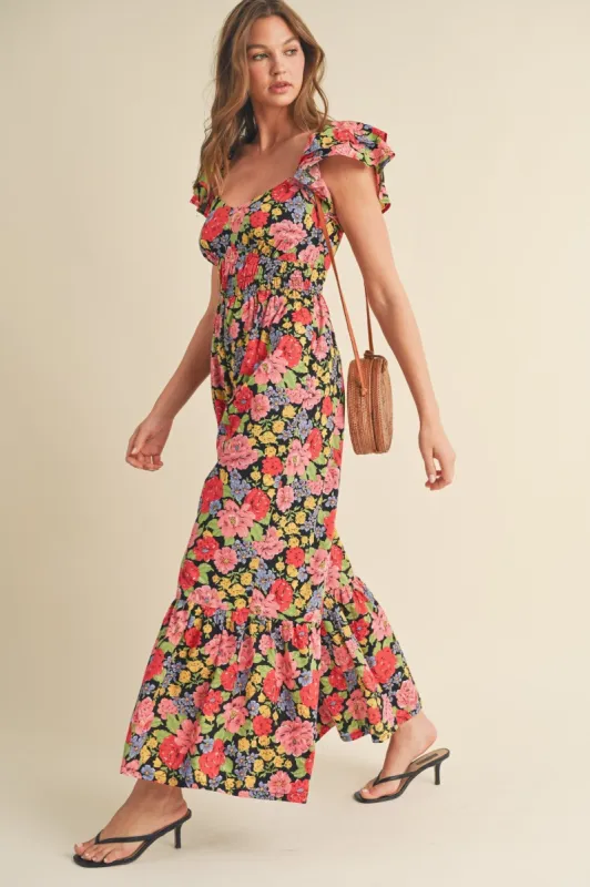 Black Multi Floral Flared Ruffle Hem Floral Jumpsuit sold by Pinkblush