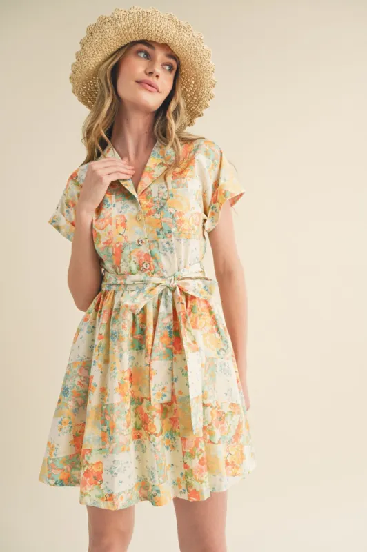 Coral Multi Floral Button Down Short Sleeve Mini Dress sold by Pinkblush