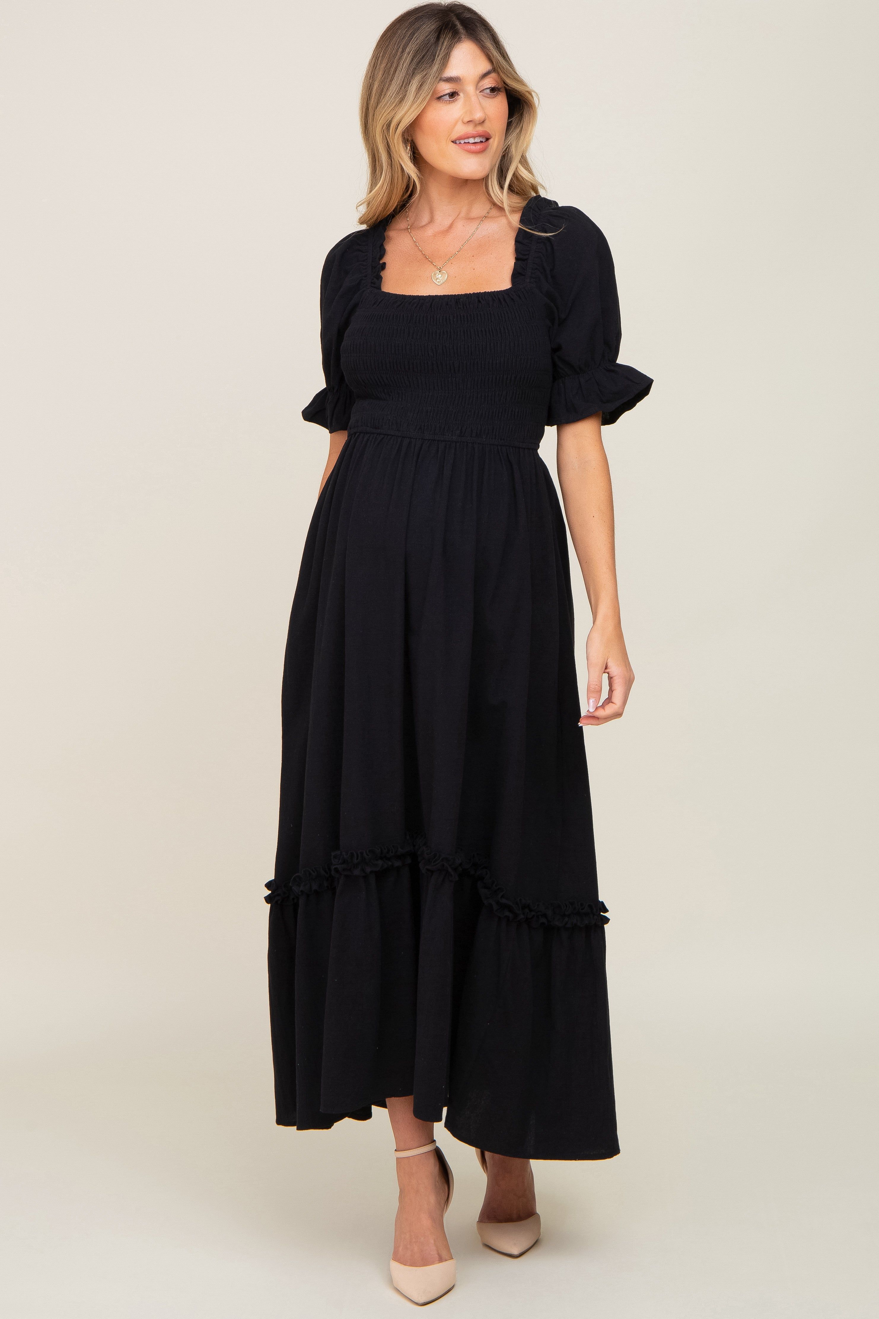 Black Puff Sleeve Ruffle Accent Maternity Maxi Dress sold by Pinkblush product image thumbnail 2