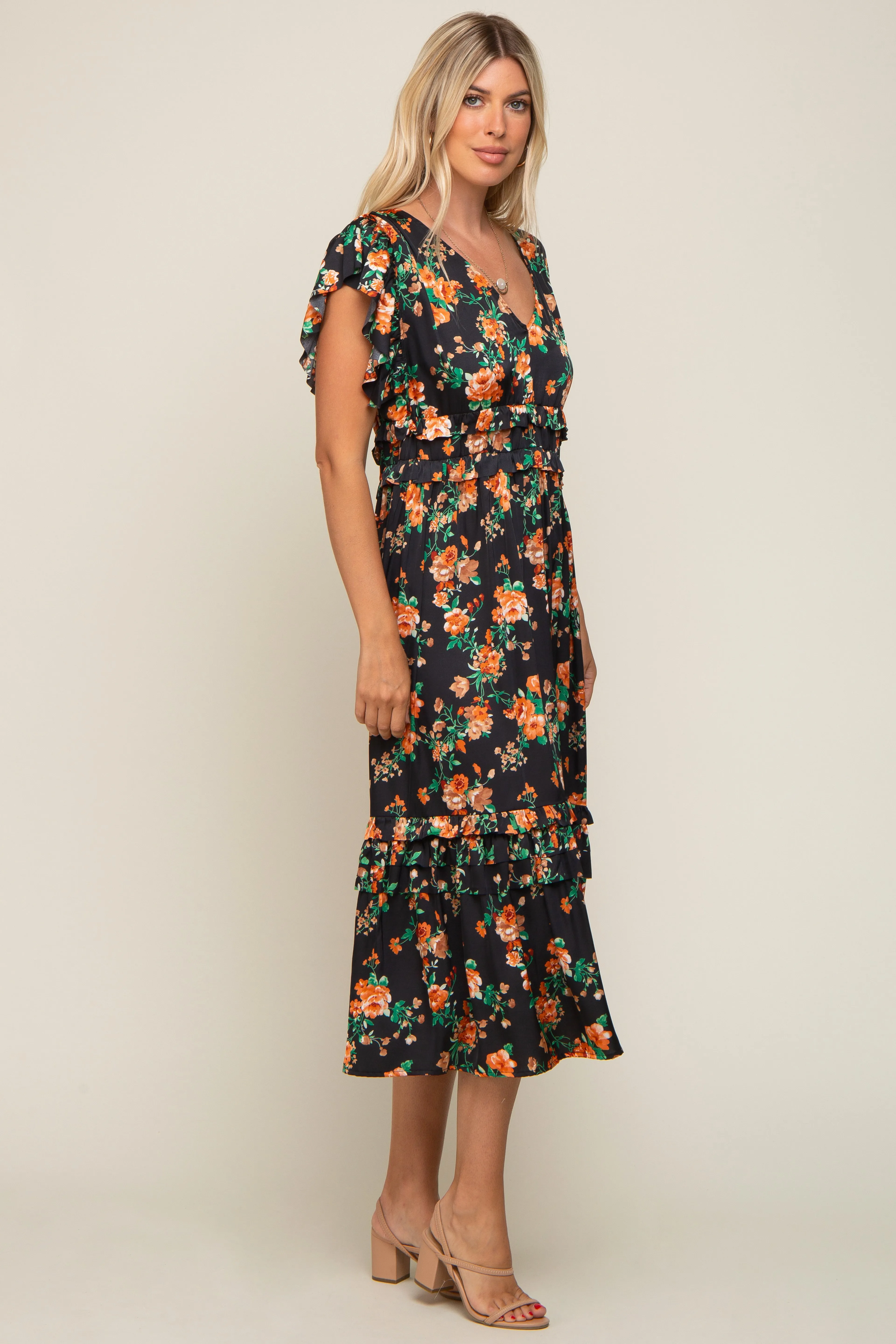 Black Floral Satin Ruffle Midi Dress sold by Pinkblush product image thumbnail 2