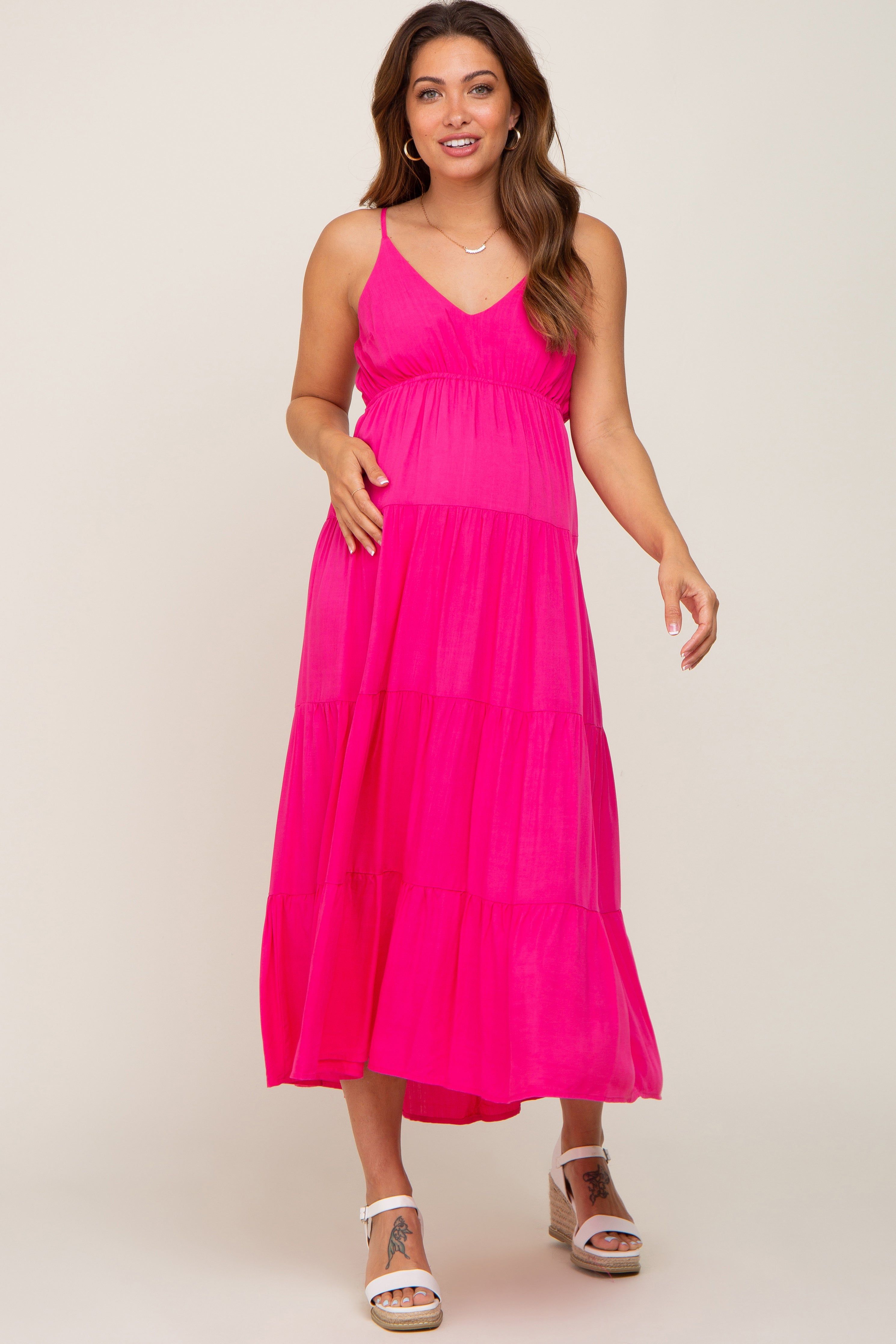 Fuchsia Sleeveless Tiered Maternity Midi Dress sold by Pinkblush