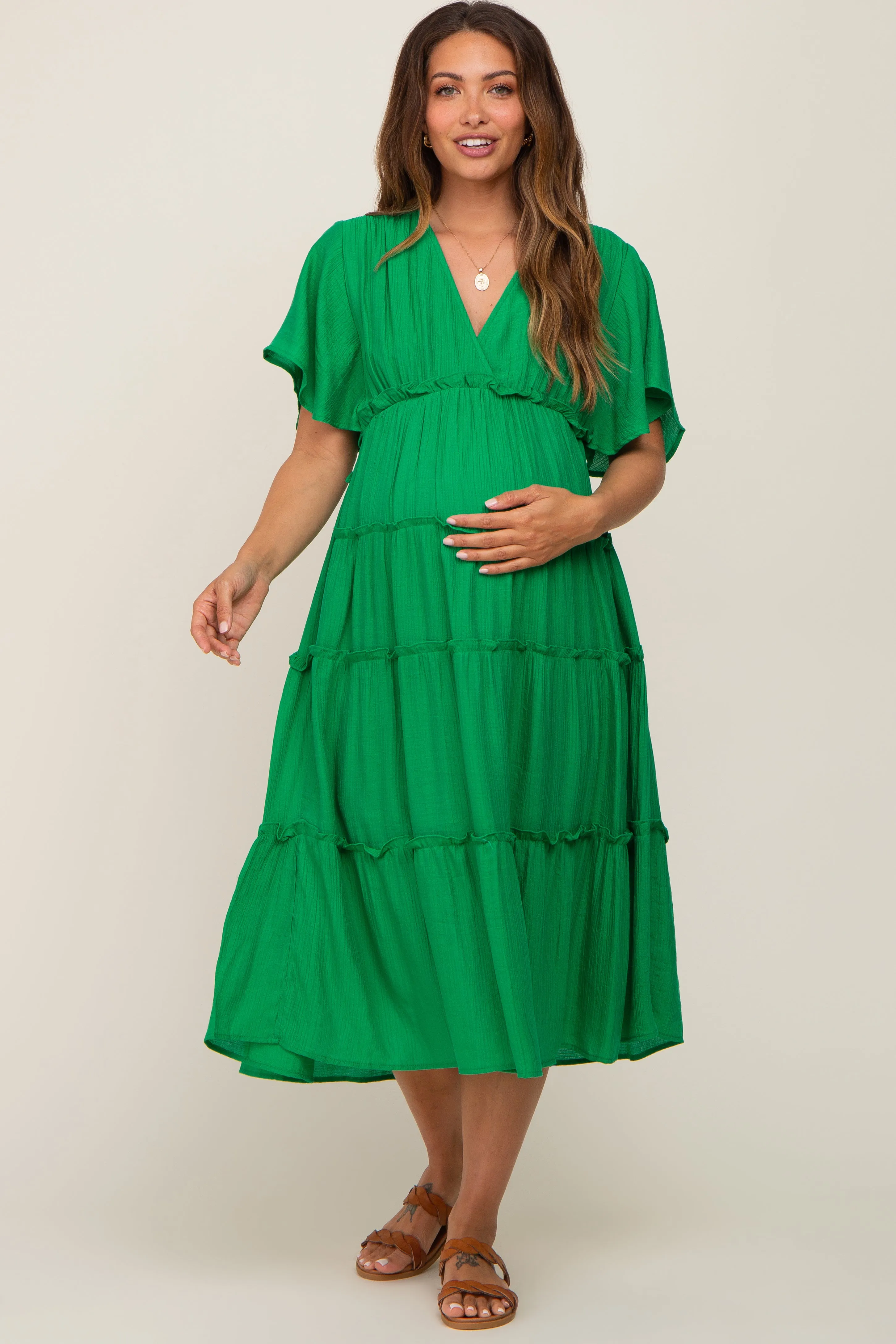 Green Ruffle Tiered V-Neck Maternity Midi Dress sold by Pinkblush product image thumbnail 4