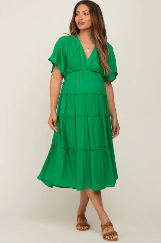 Green Ruffle Tiered V-Neck Maternity Midi Dress sold by Pinkblush