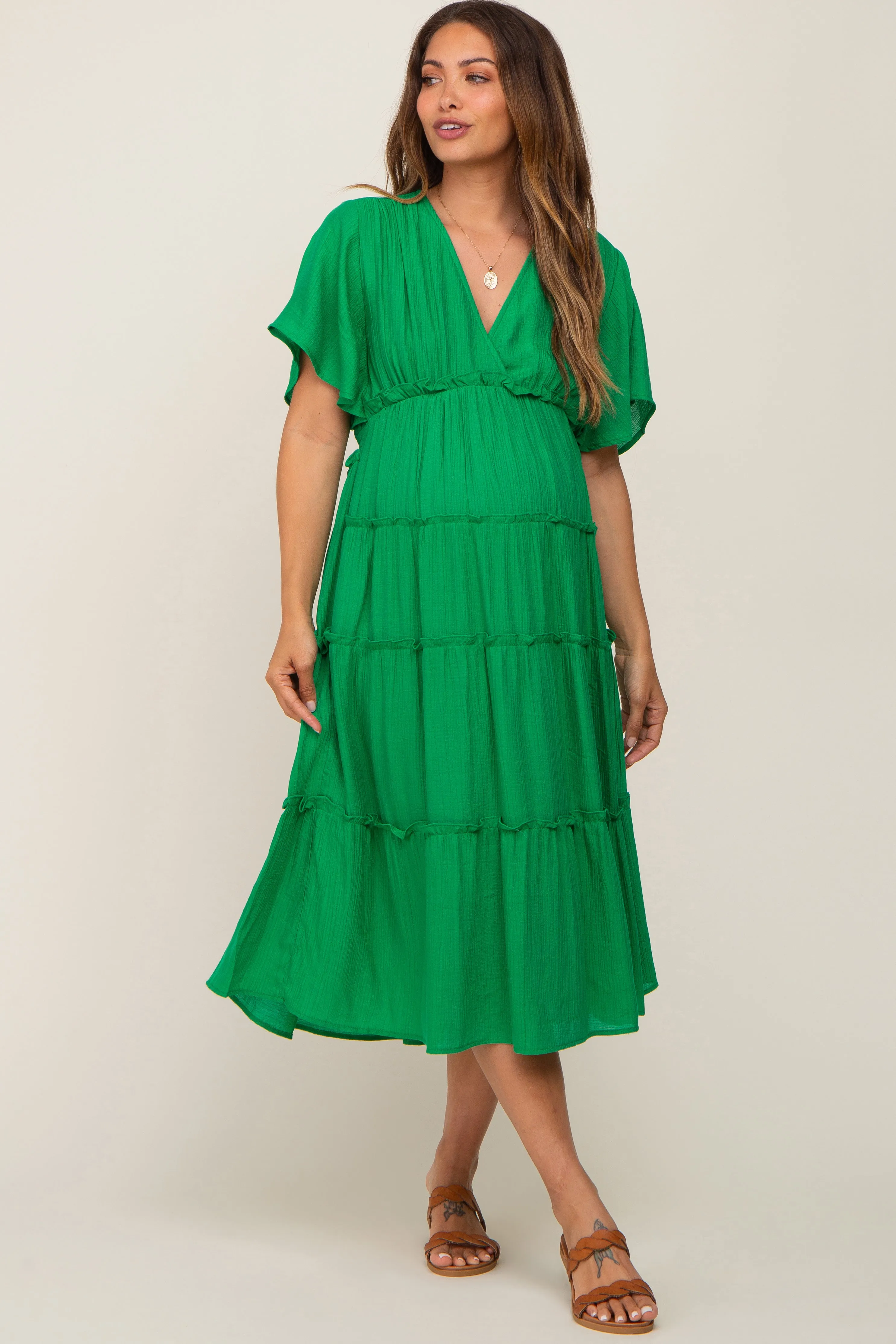 Green Ruffle Tiered V-Neck Maternity Midi Dress sold by Pinkblush