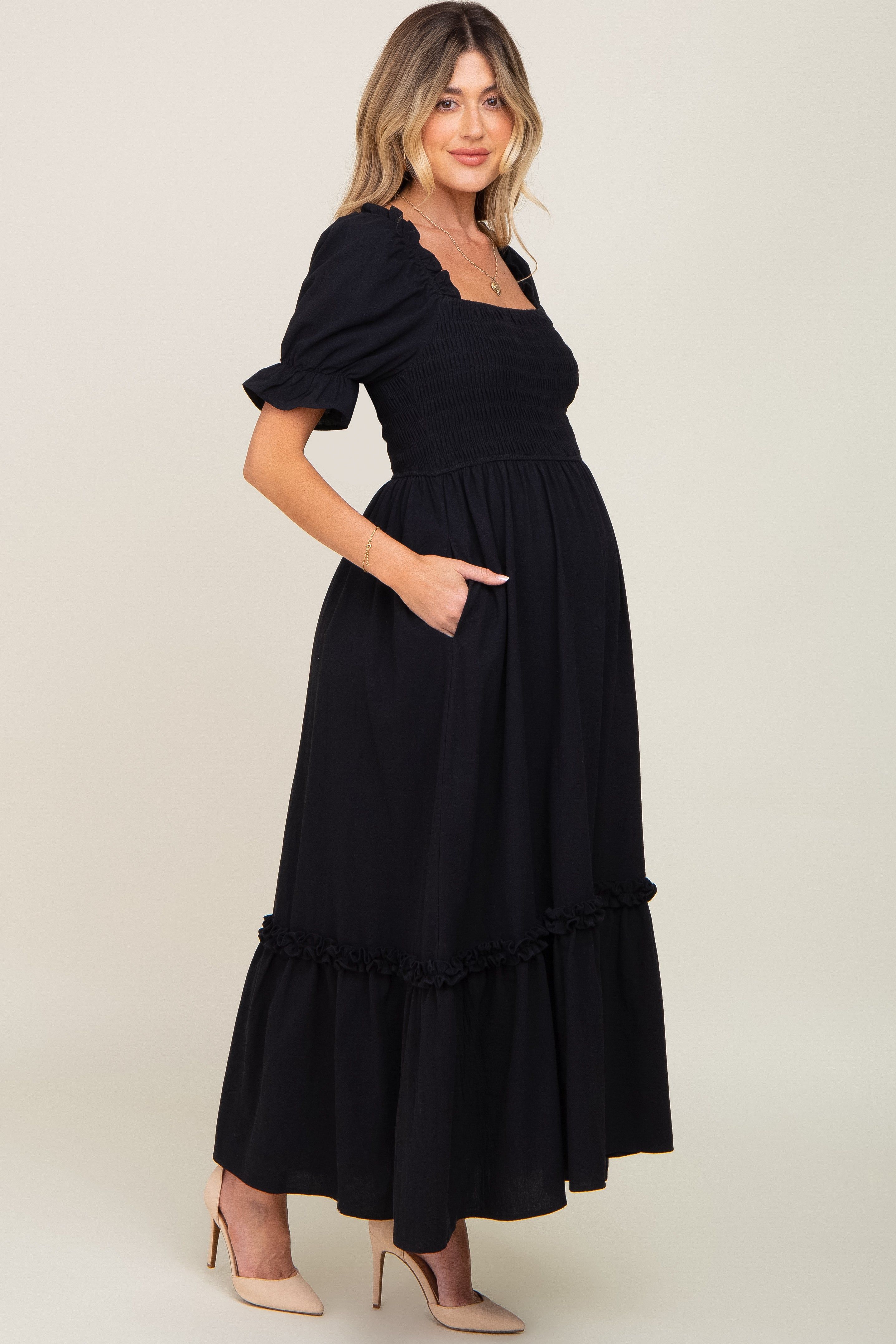 Black Puff Sleeve Ruffle Accent Maternity Maxi Dress sold by Pinkblush product image thumbnail 3