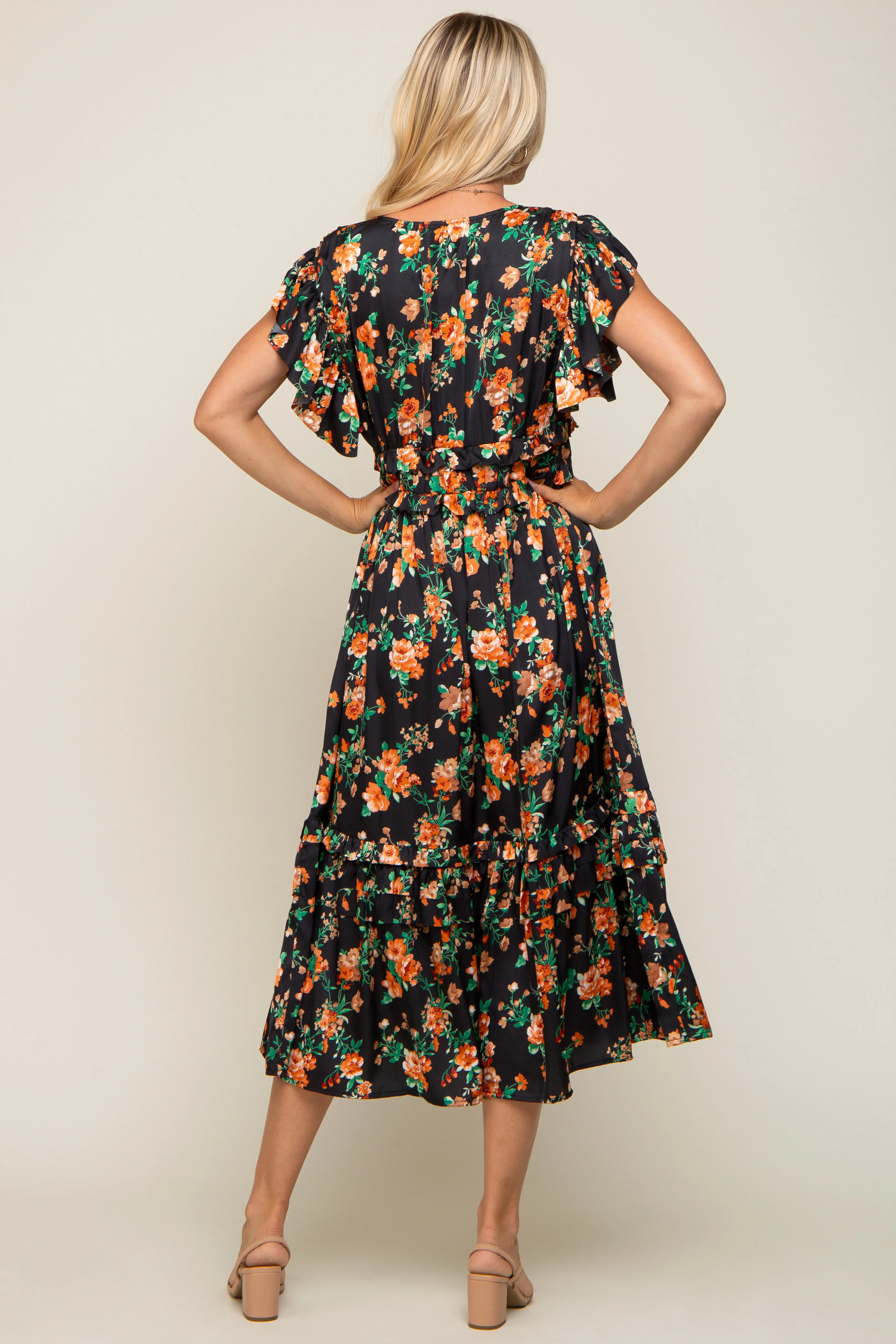 Black Floral Satin Ruffle Midi Dress sold by Pinkblush product image thumbnail 3