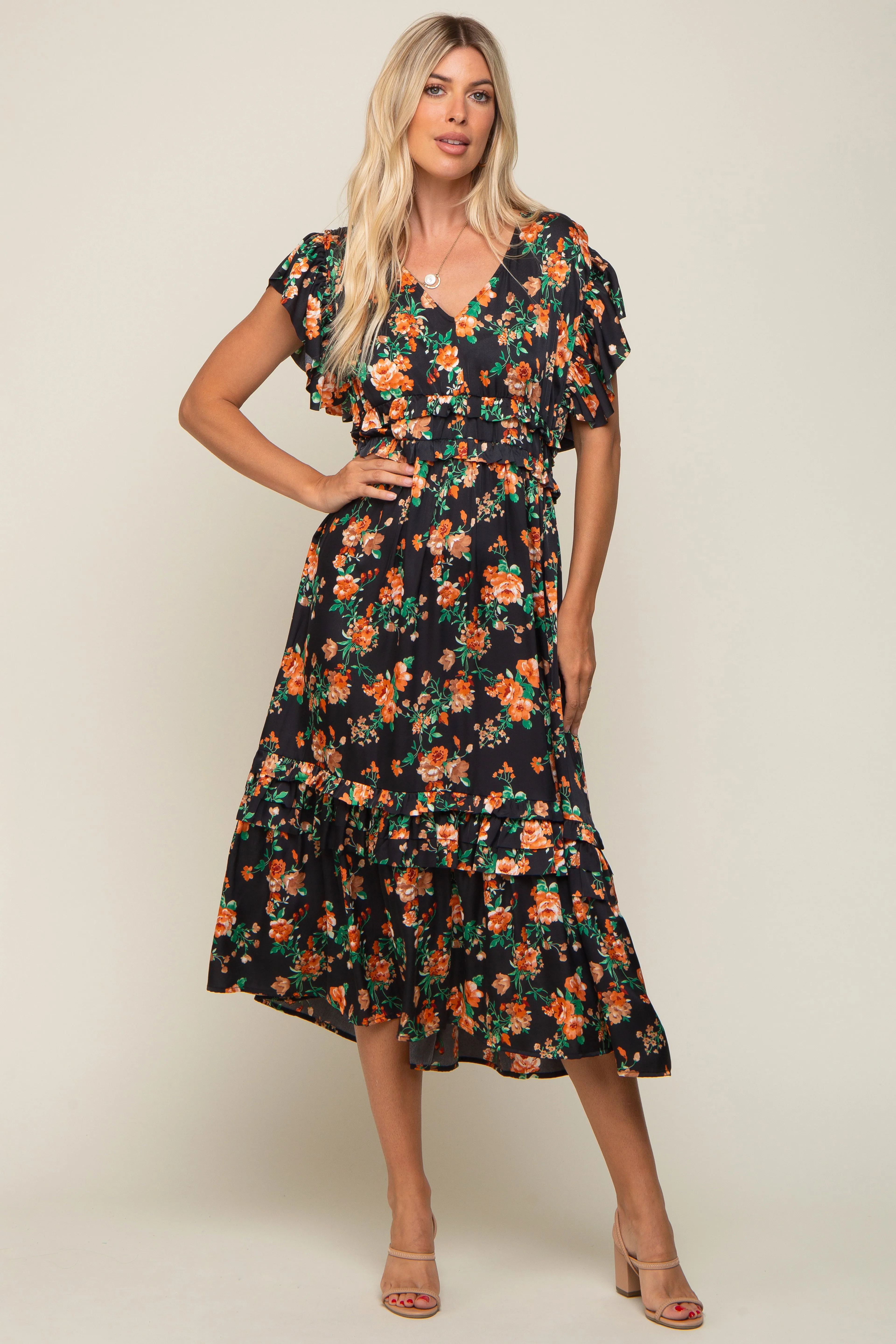 Black Floral Satin Ruffle Midi Dress sold by Pinkblush