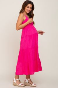 Fuchsia Sleeveless Tiered Maternity Midi Dress sold by Pinkblush
