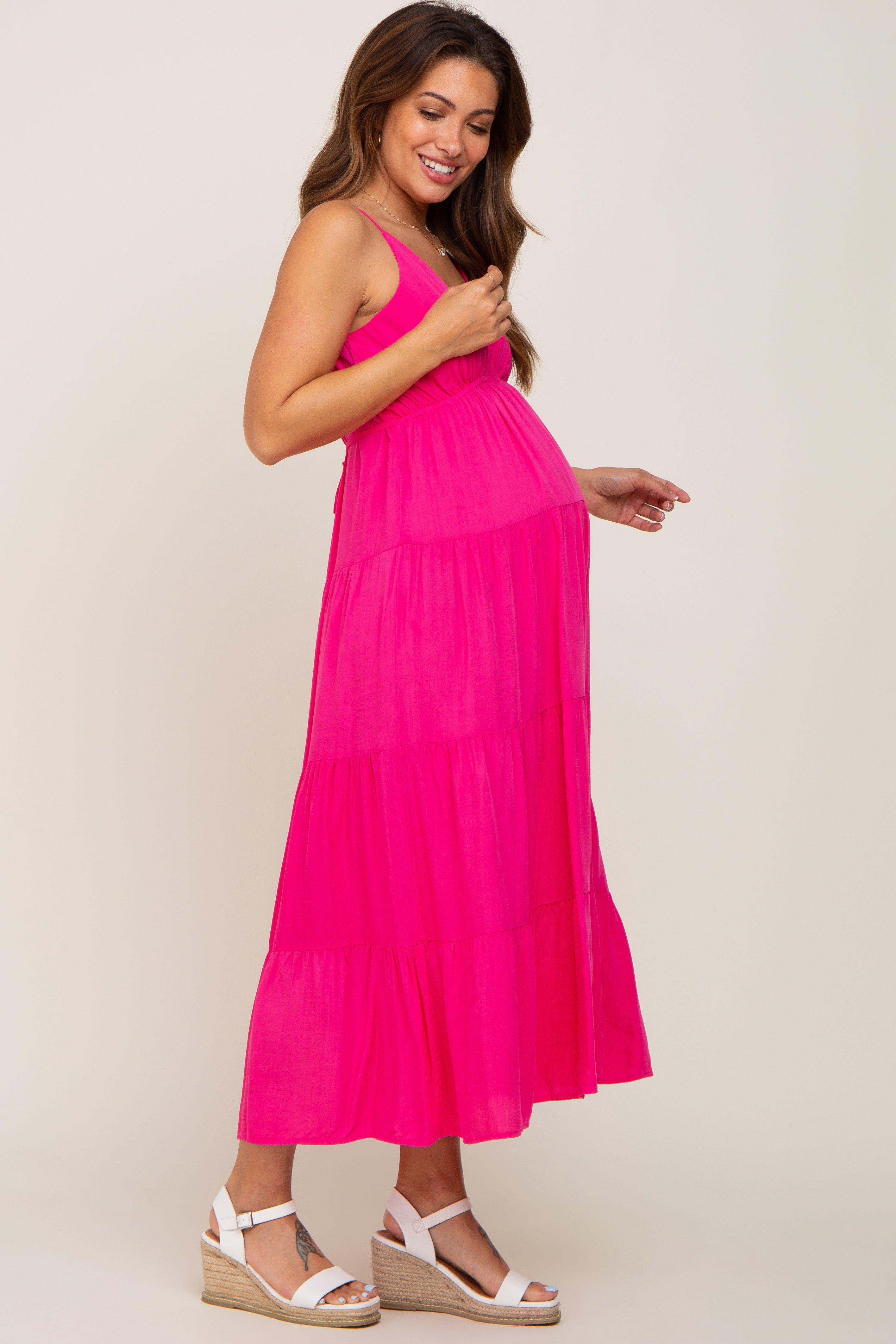 Fuchsia Sleeveless Tiered Maternity Midi Dress sold by Pinkblush product image thumbnail 2