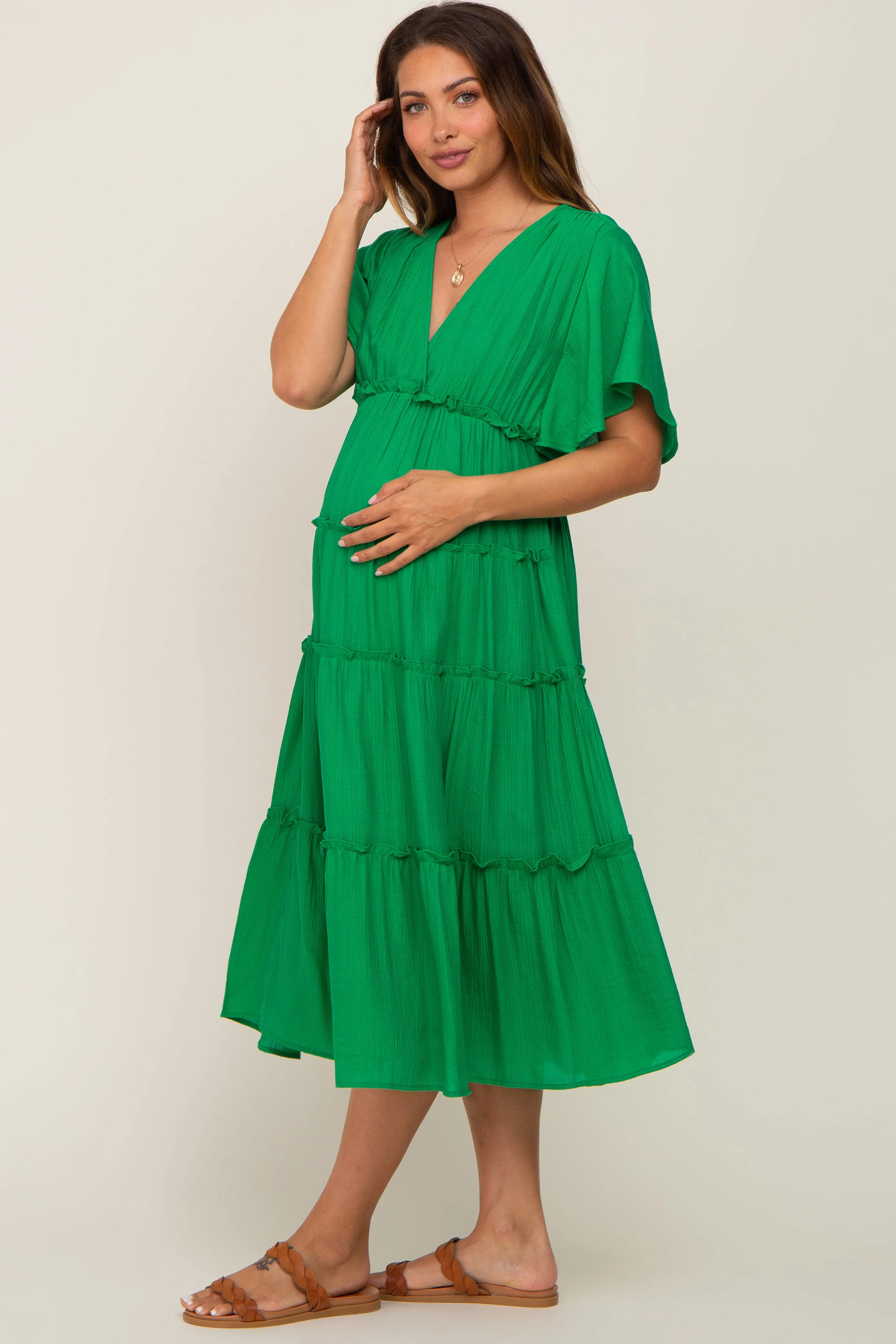 Green Ruffle Tiered V-Neck Maternity Midi Dress sold by Pinkblush product image thumbnail 2