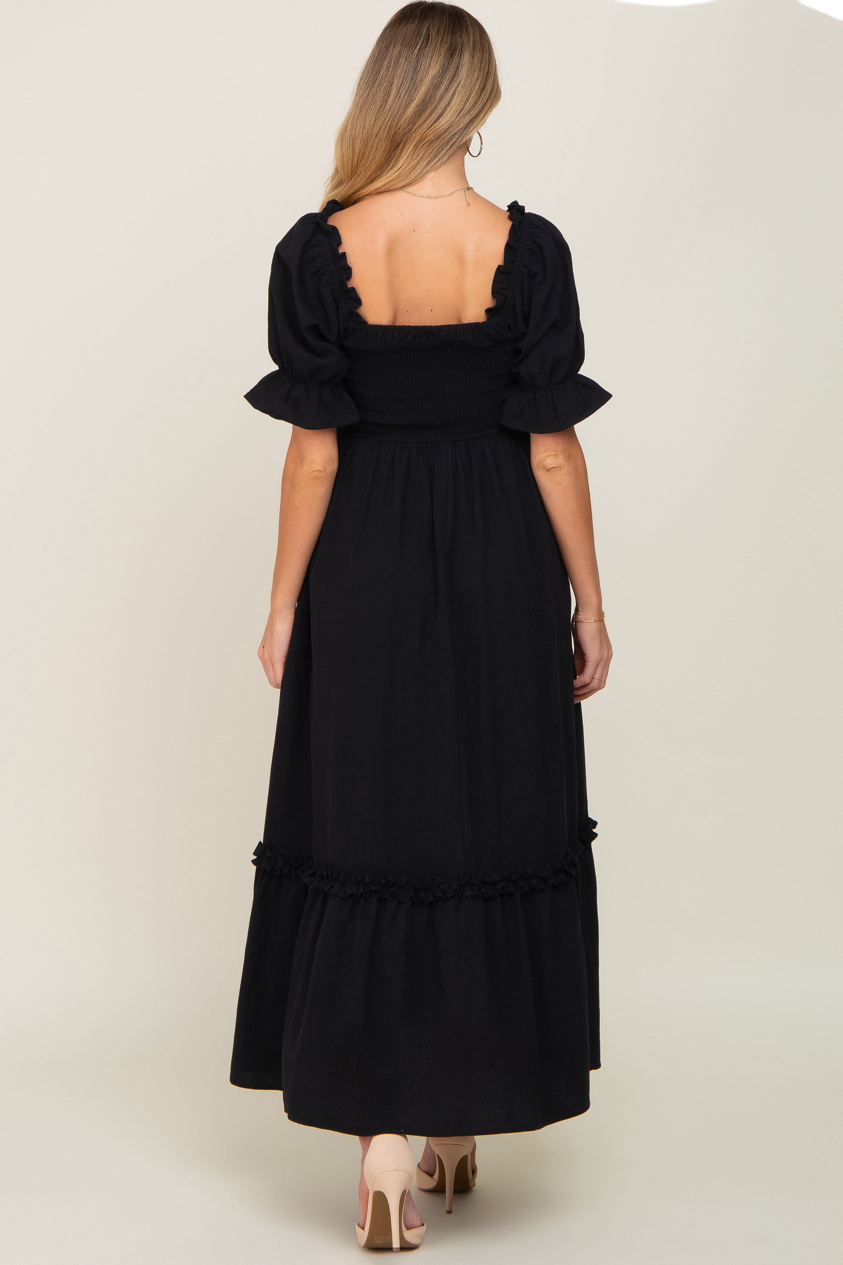 Black Puff Sleeve Ruffle Accent Maternity Maxi Dress sold by Pinkblush product image thumbnail 4