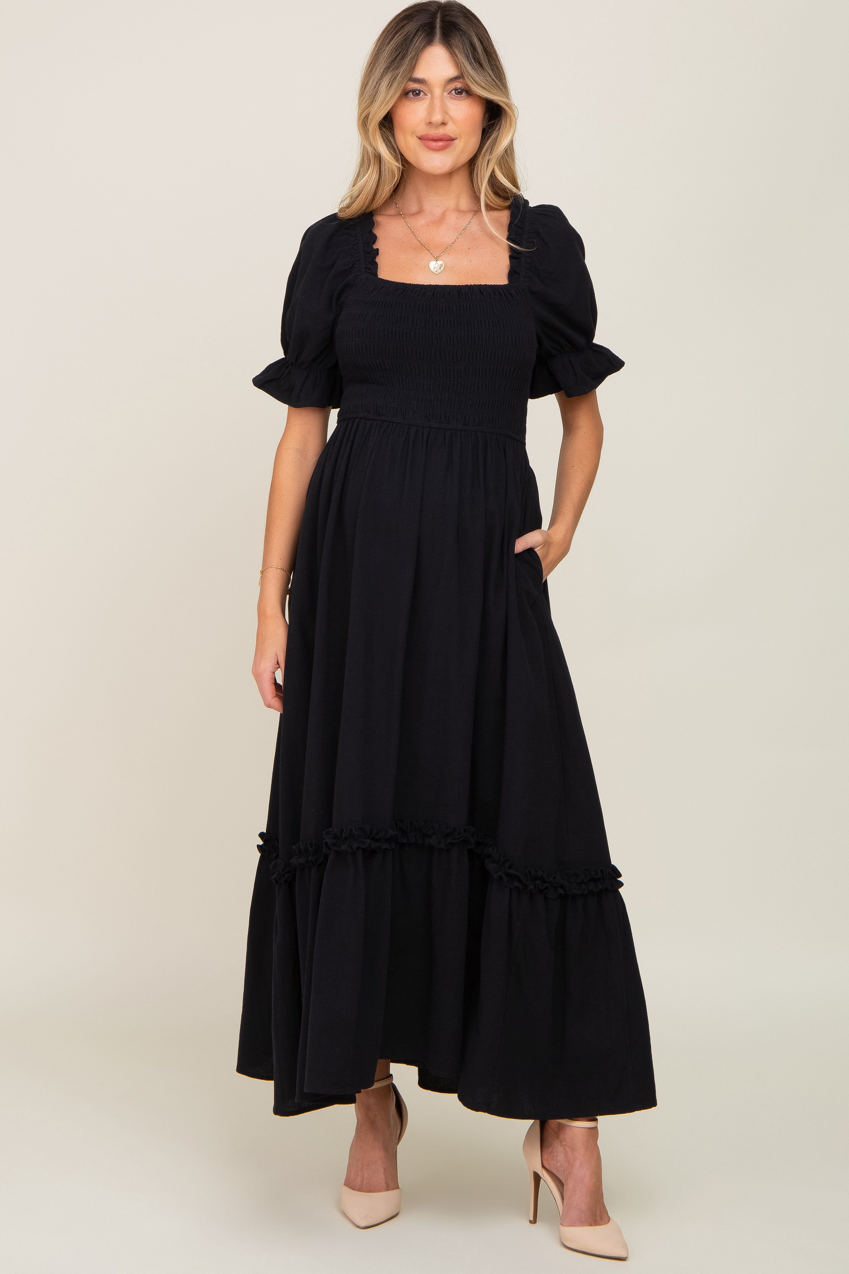 Black Puff Sleeve Ruffle Accent Maternity Maxi Dress sold by Pinkblush