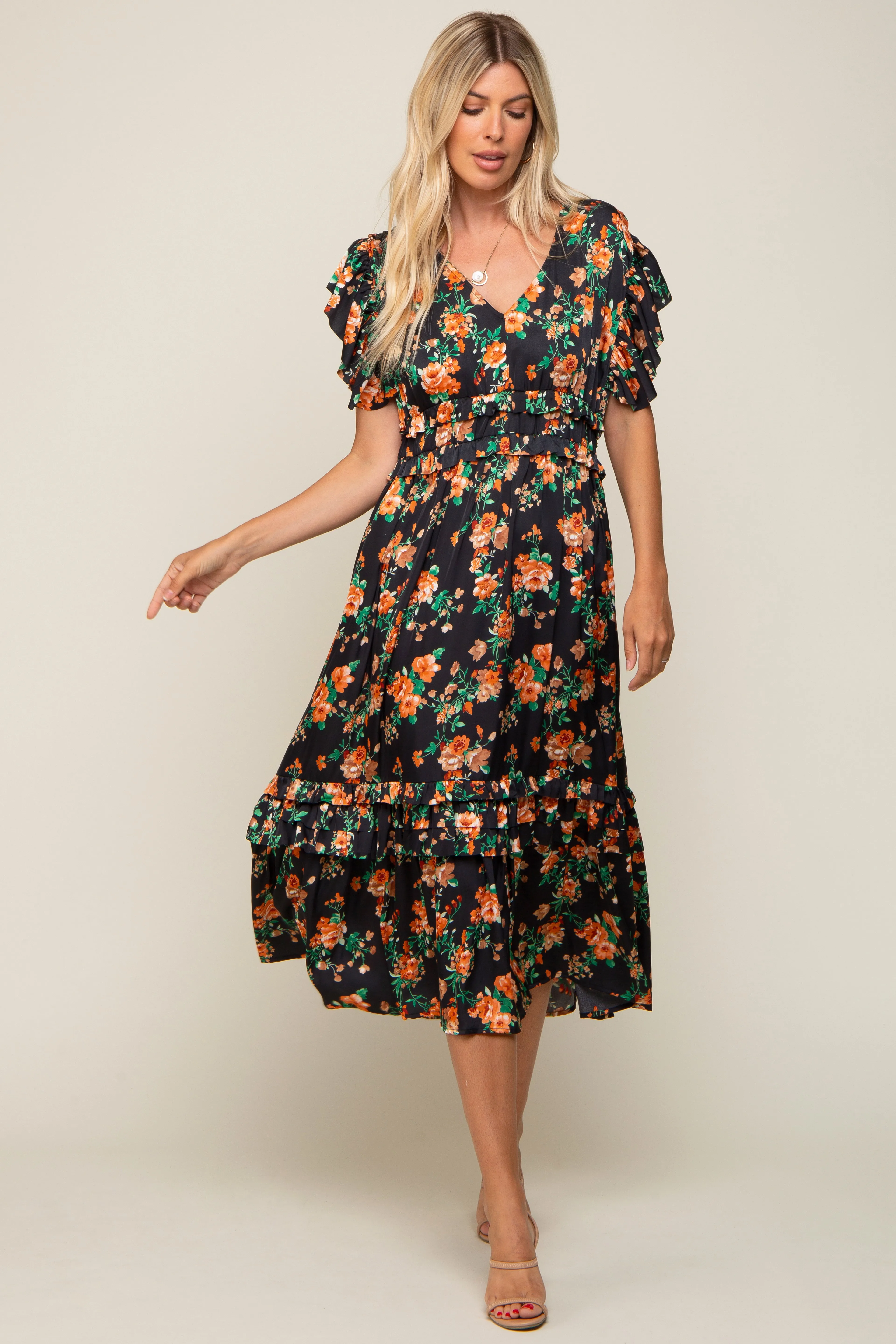 Black Floral Satin Ruffle Midi Dress sold by Pinkblush product image thumbnail 4