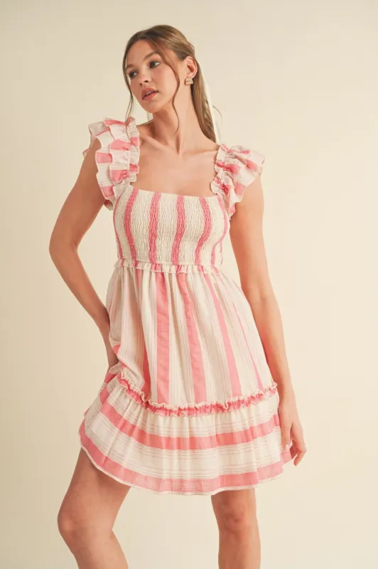 Red Layered Flutter Sleeve Striped Mini Dress sold by Pinkblush
