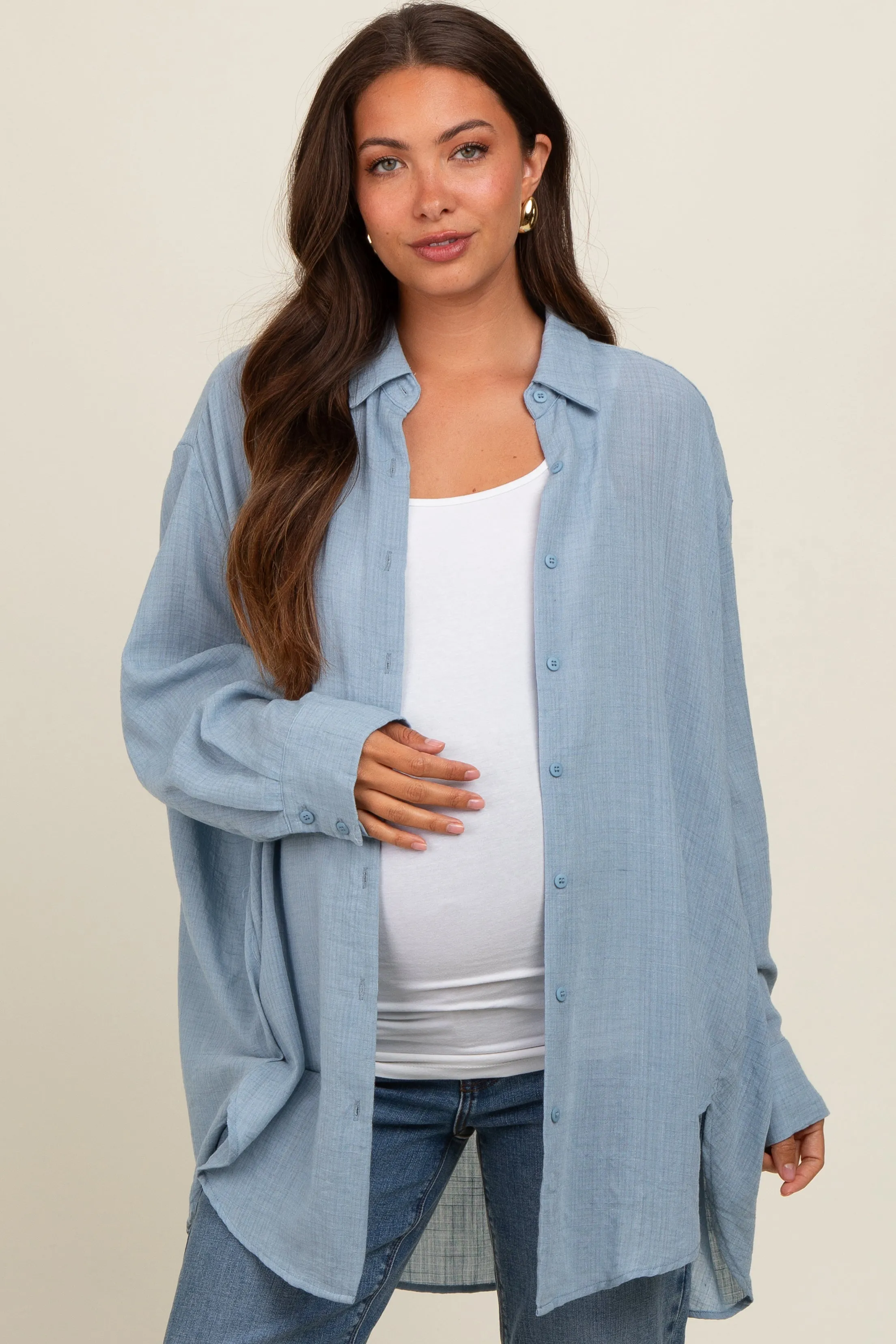 Light Blue Lightweight Sheer Button Down Maternity Blouse sold by Pinkblush