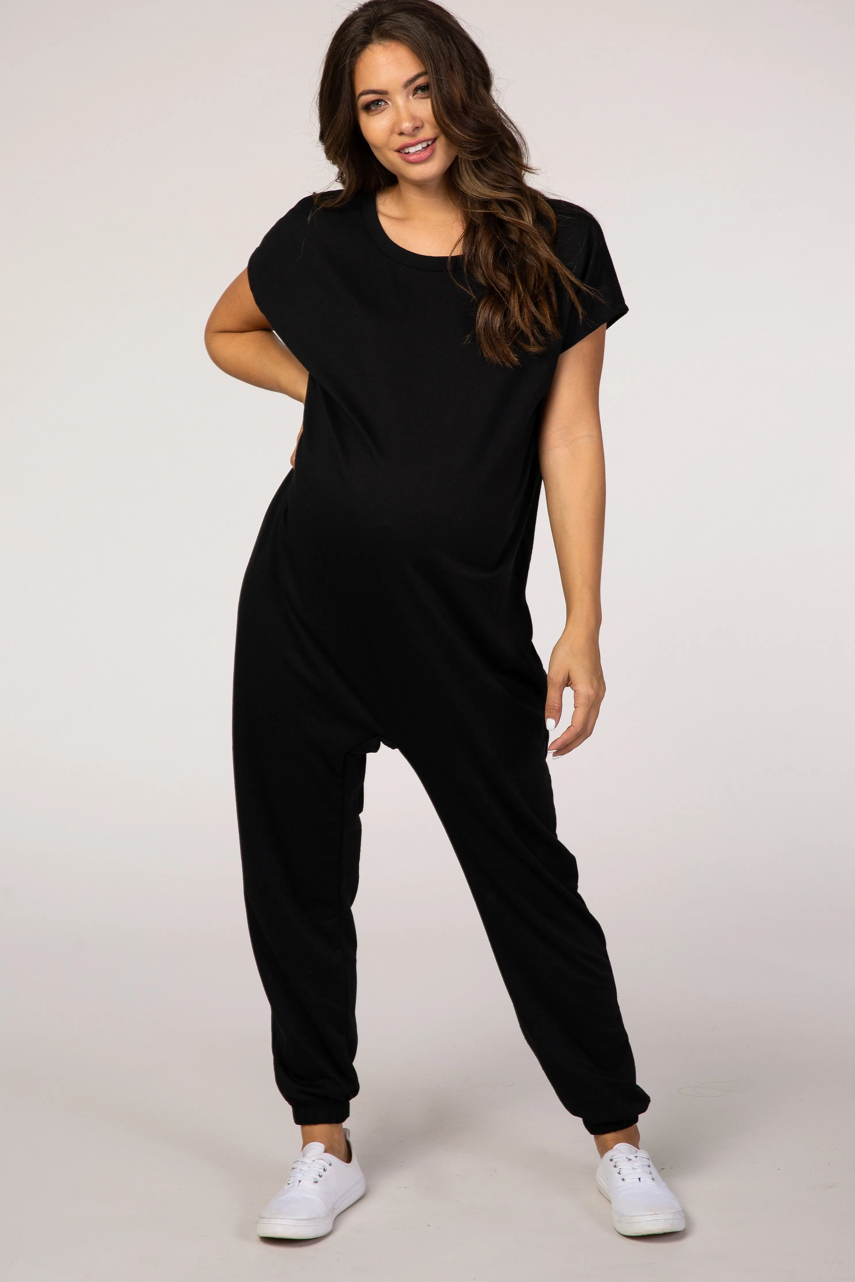 PinkBlush Black Short Sleeve Maternity Jumpsuit sold by Pinkblush