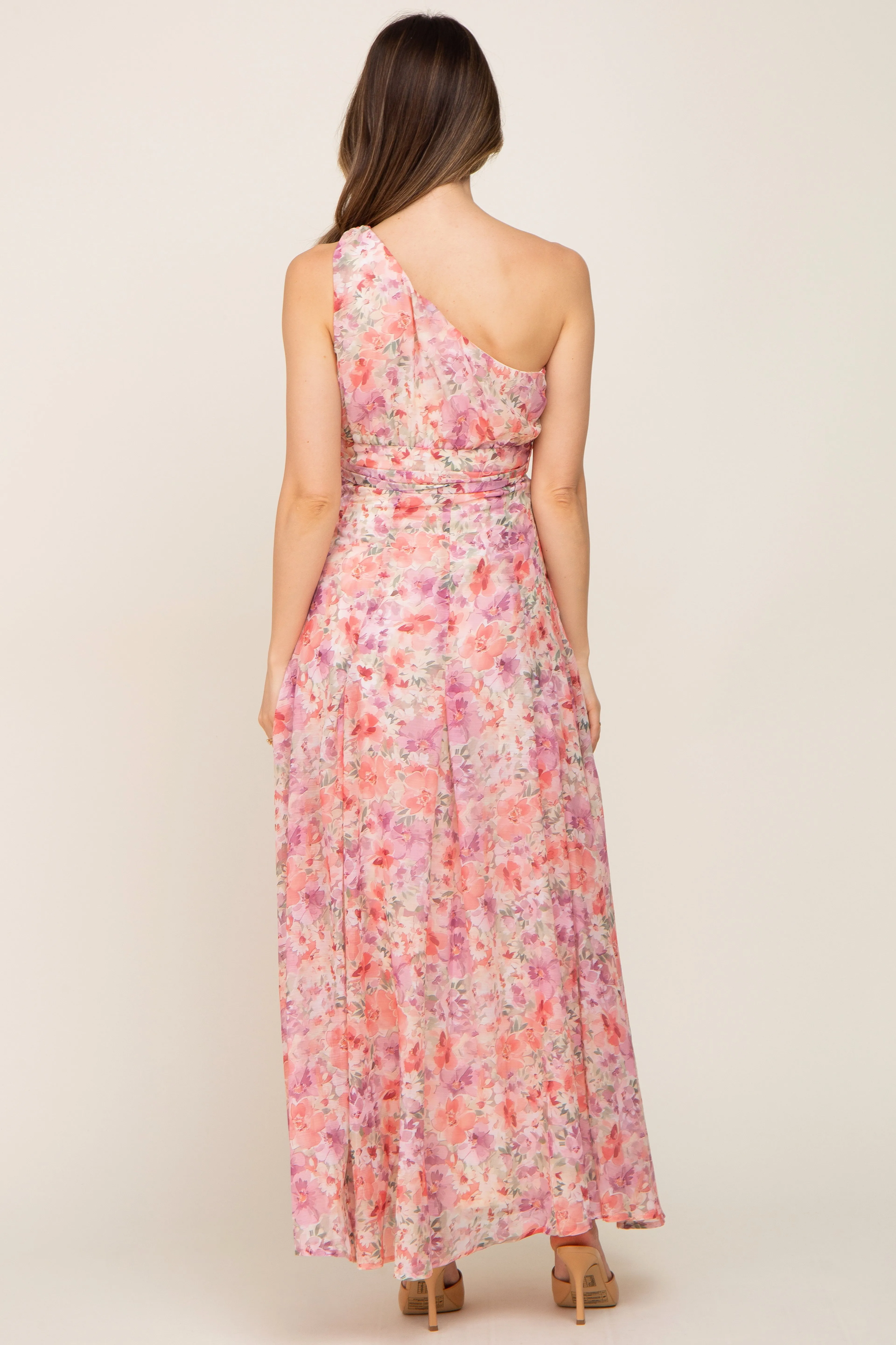 Pink Floral Chiffon One Shoulder Maternity Maxi Dress sold by Pinkblush product image thumbnail 3