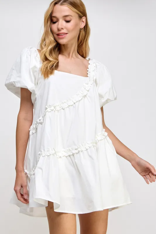 Off White Asymmetric Ruffle Poplin Mini Dress sold by Pinkblush