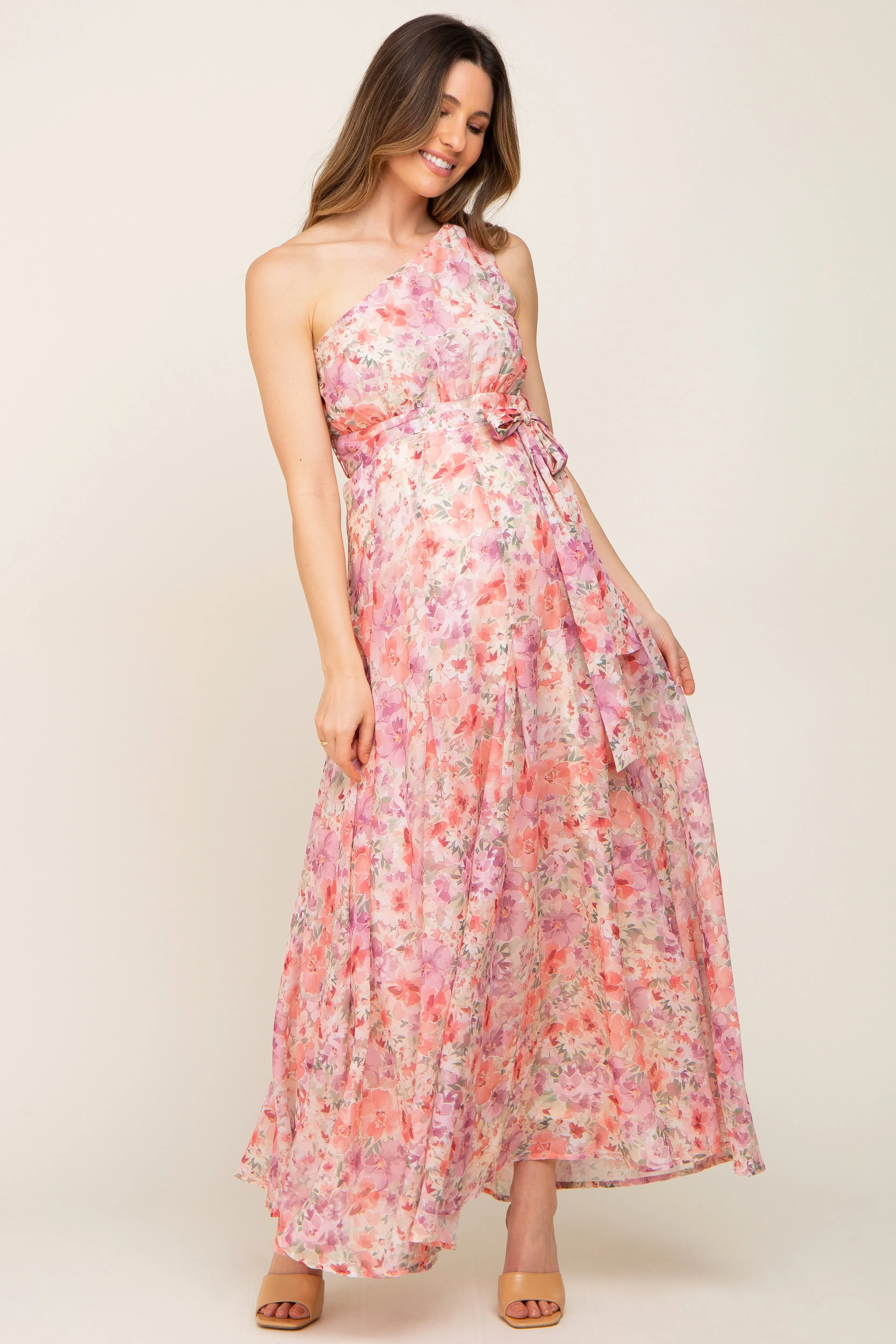 Pink Floral Chiffon One Shoulder Maternity Maxi Dress sold by Pinkblush