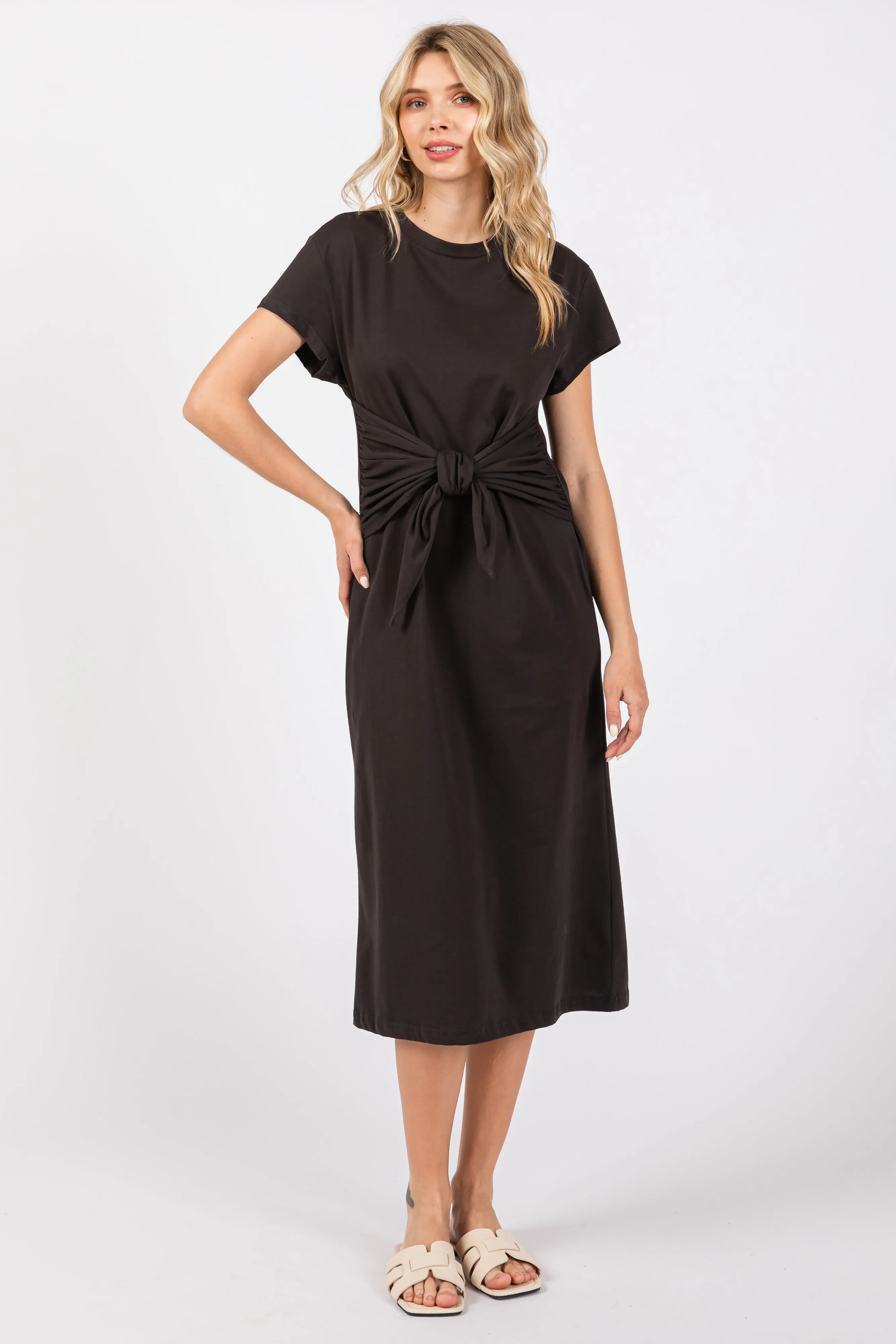 Black Tie Front Round Neck Kni Midi Dress sold by Pinkblush