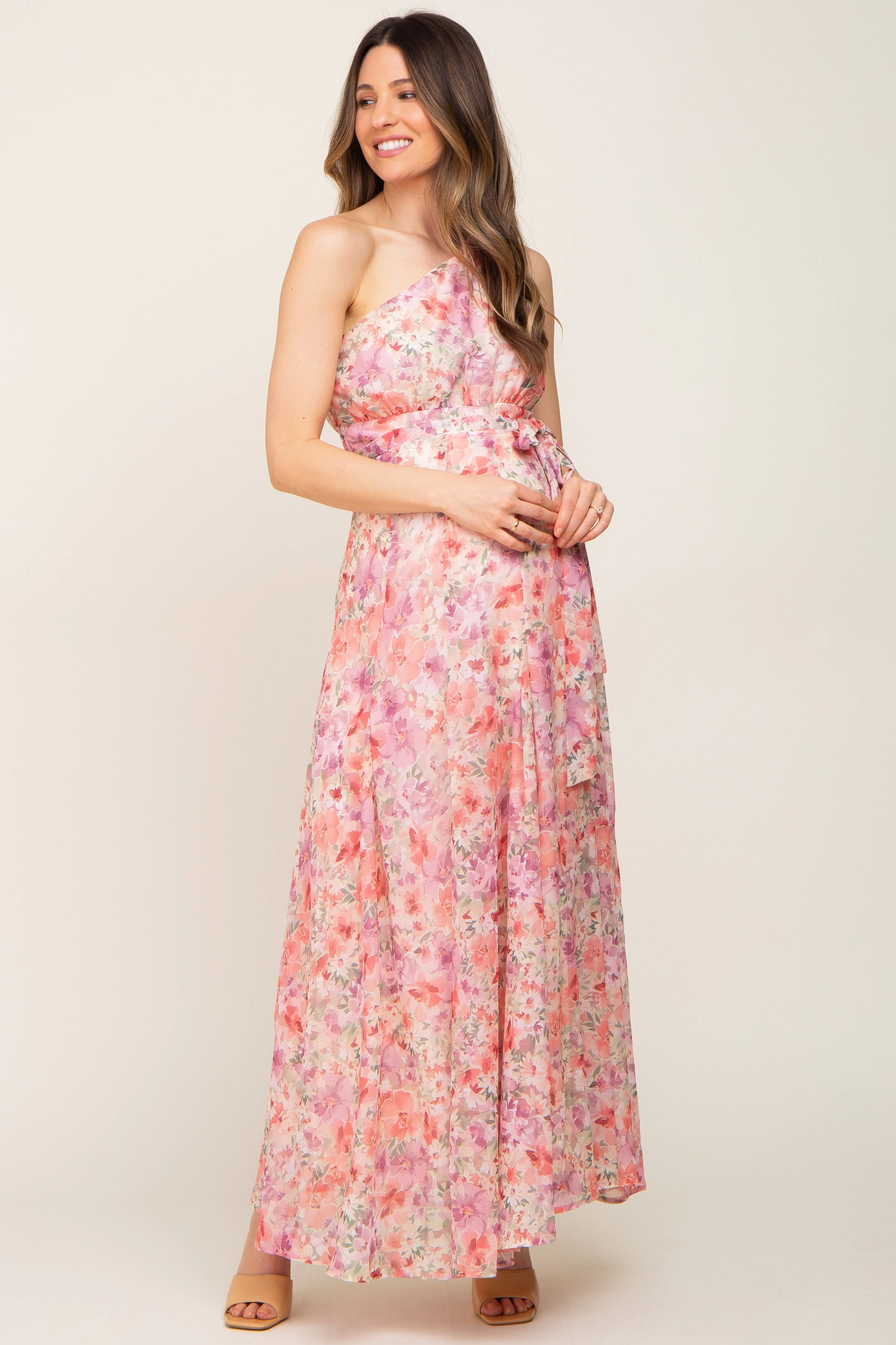 Pink Floral Chiffon One Shoulder Maternity Maxi Dress sold by Pinkblush product image thumbnail 5