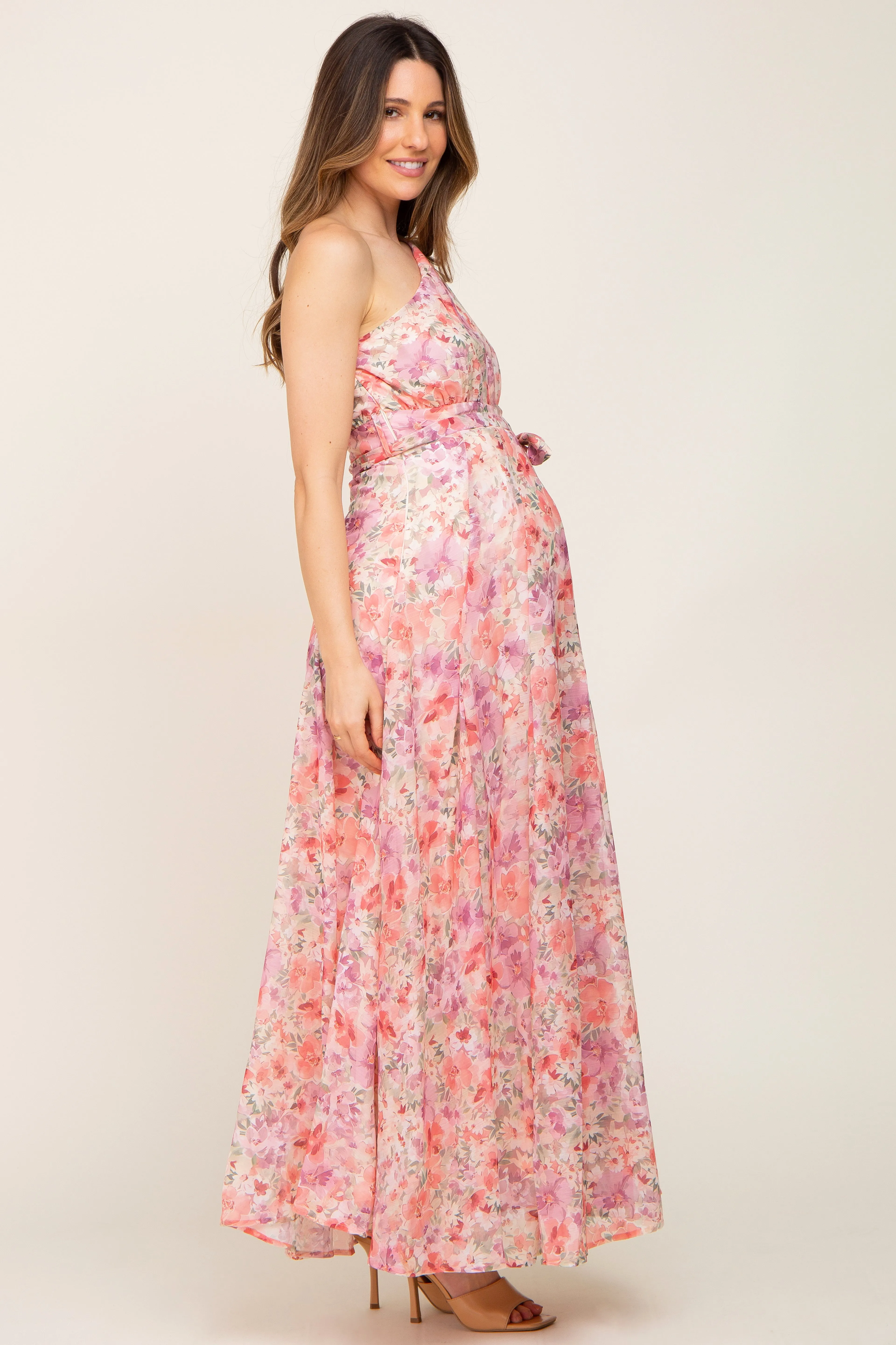 Pink Floral Chiffon One Shoulder Maternity Maxi Dress sold by Pinkblush product image thumbnail 2