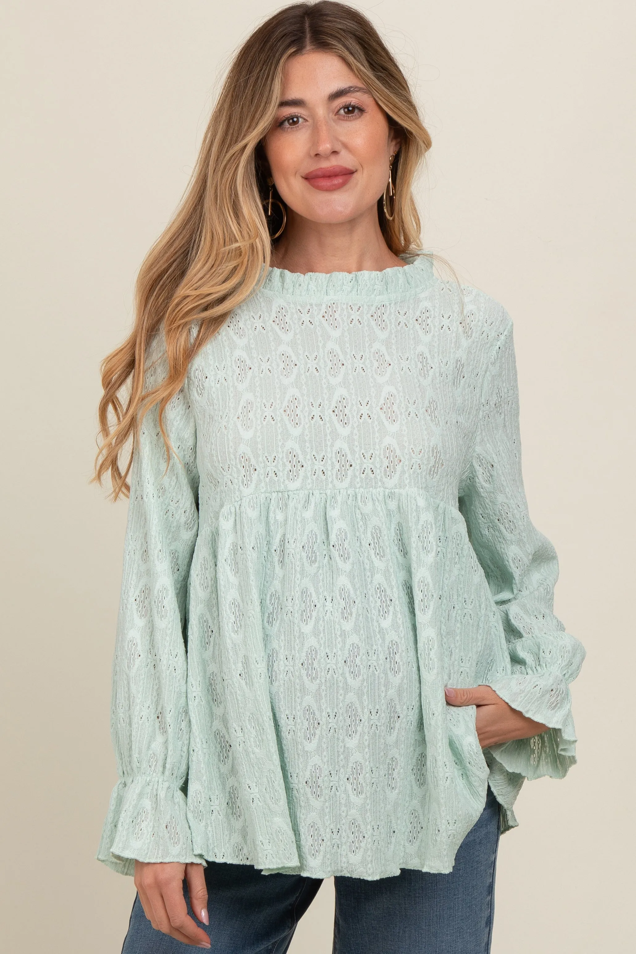Mint Green Lace Ruffled Neck Maternity Top sold by Pinkblush