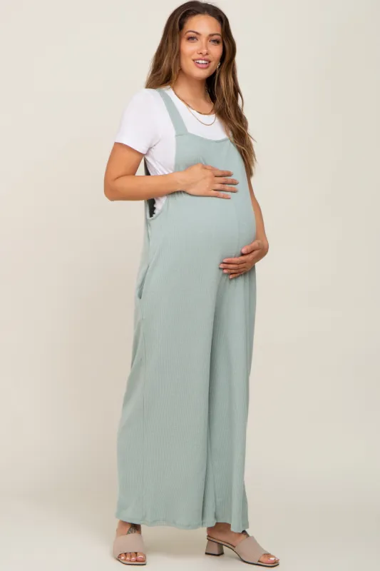 Mint Green Ribbed Maternity Wide Leg Jumpsuit sold by Pinkblush