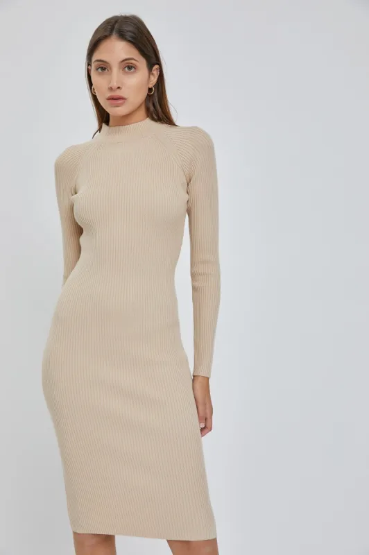 Beige Ribbed Fitted Mock Neck Long Sleeve Dress sold by Pinkblush