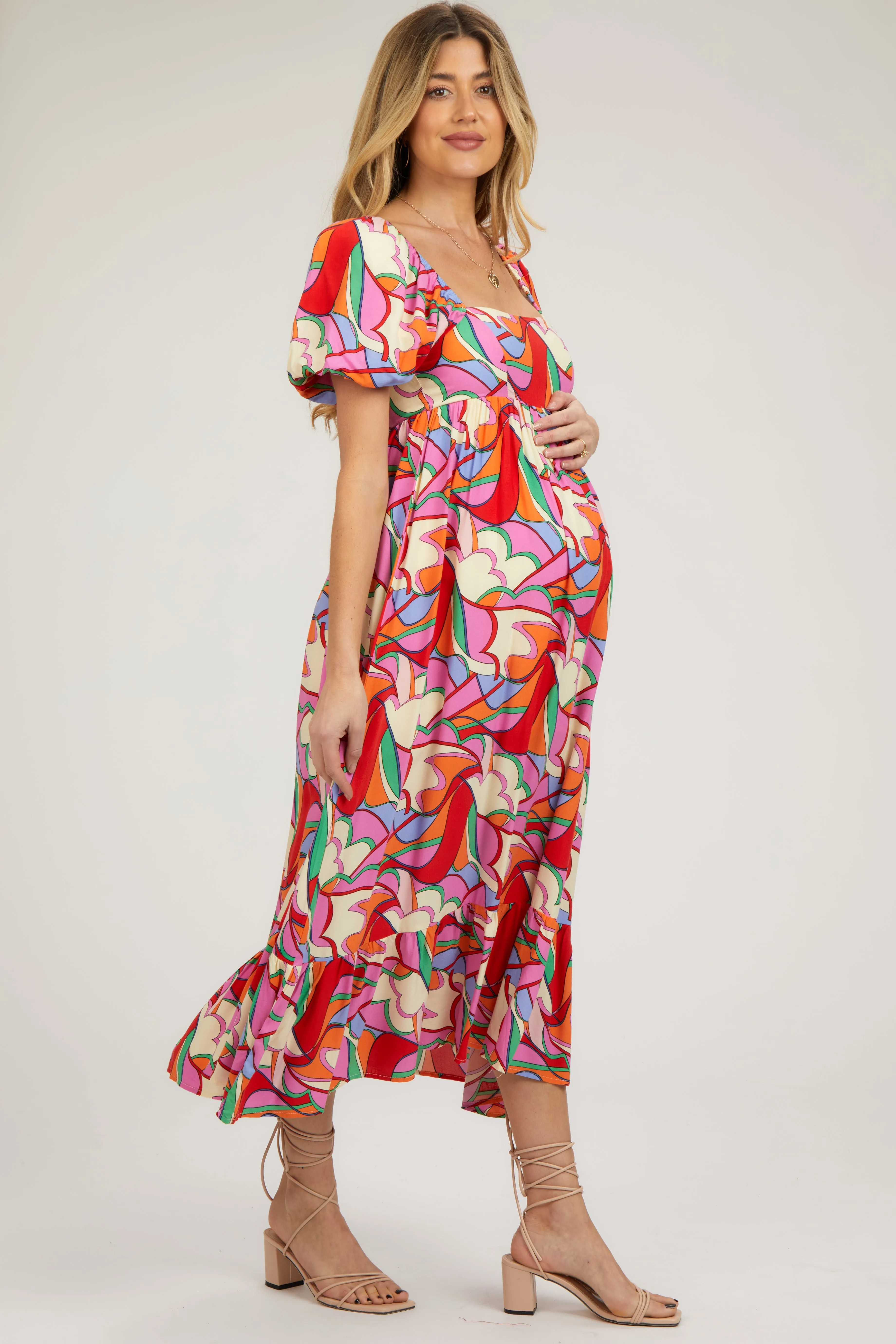Multi-Color Square Neck Short Puff Sleeve Maternity Dress sold by Pinkblush product image thumbnail 2