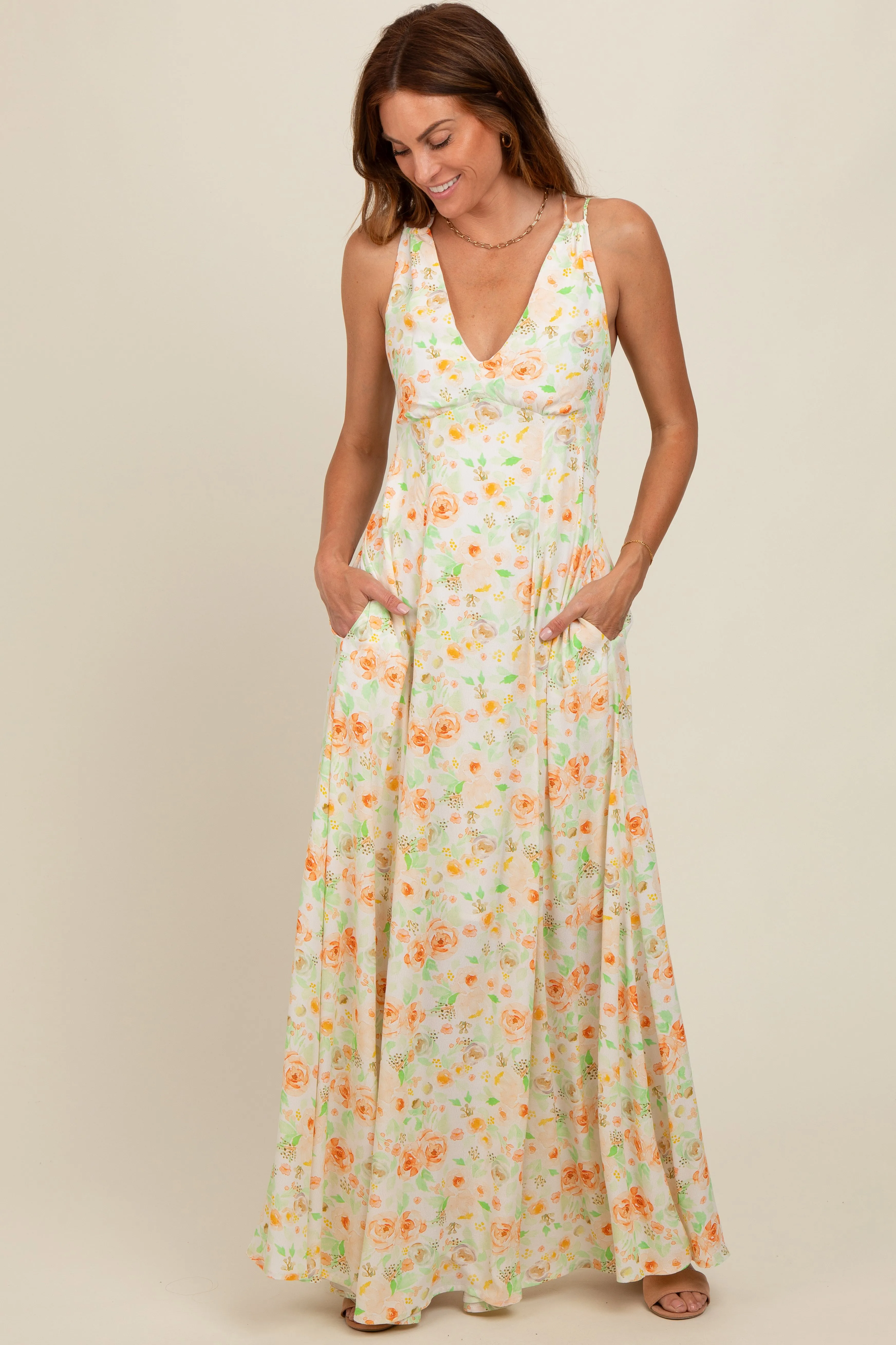 Peach Floral Crisscross Back Maxi Dress sold by Pinkblush