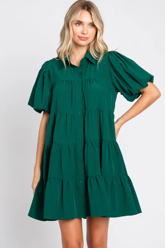 Forest Green Puff Sleeve Mini Shirt Dress sold by Pinkblush