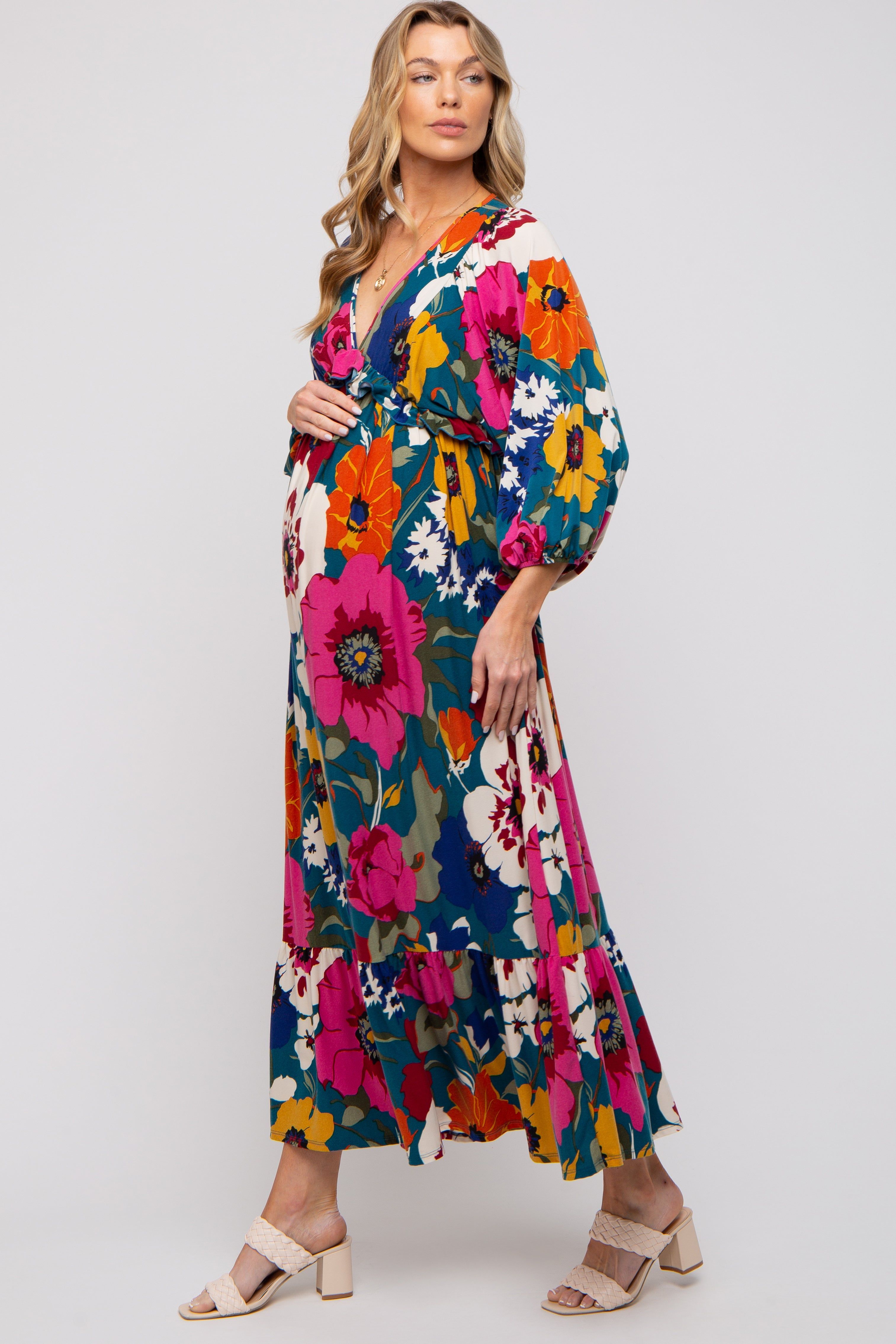 Teal Ruffle Accent Maternity Maxi Dress sold by Pinkblush product image thumbnail 3