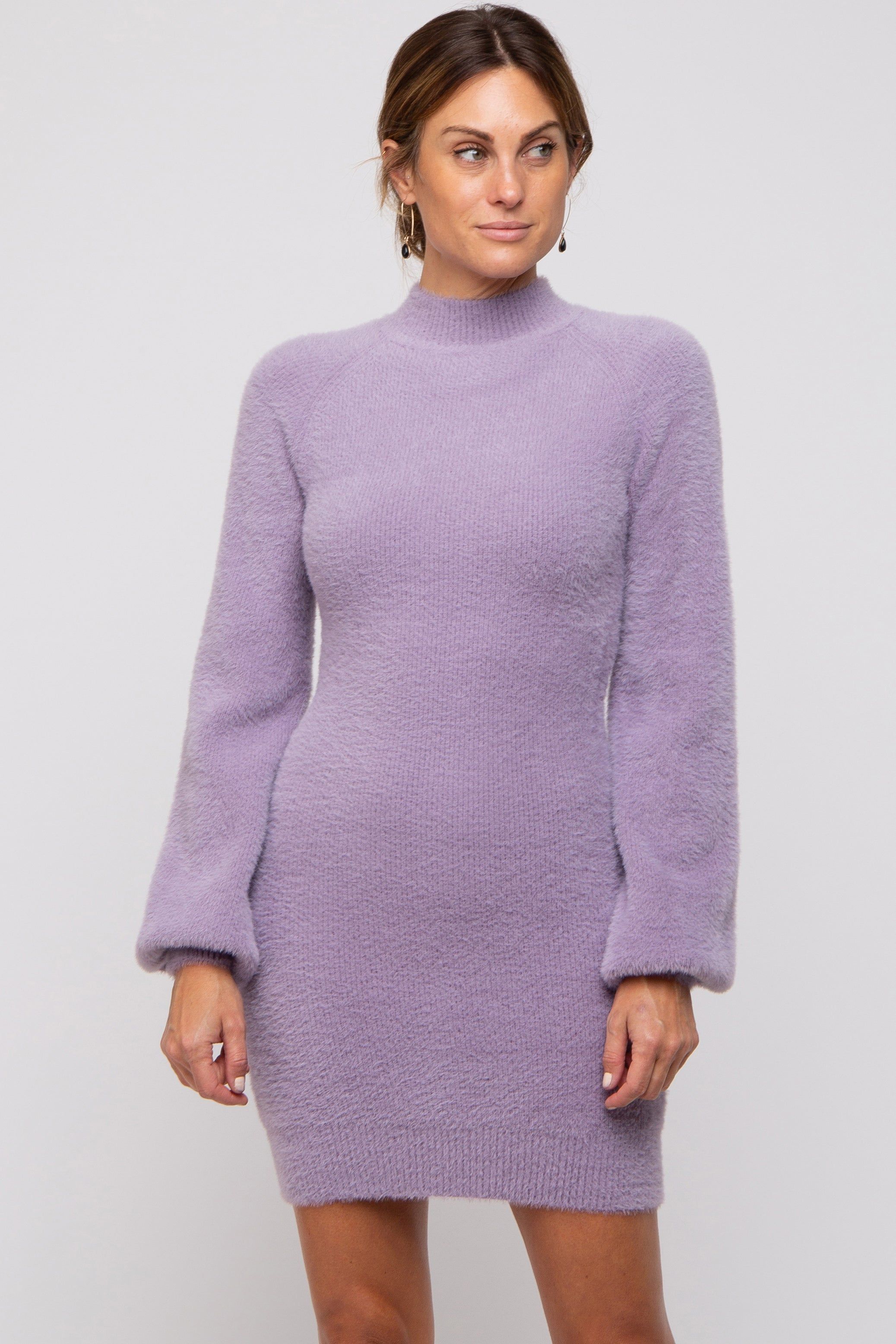 Lavender Fuzzy Knit Puff Sleeve Sweater Dress sold by Pinkblush product image thumbnail 2