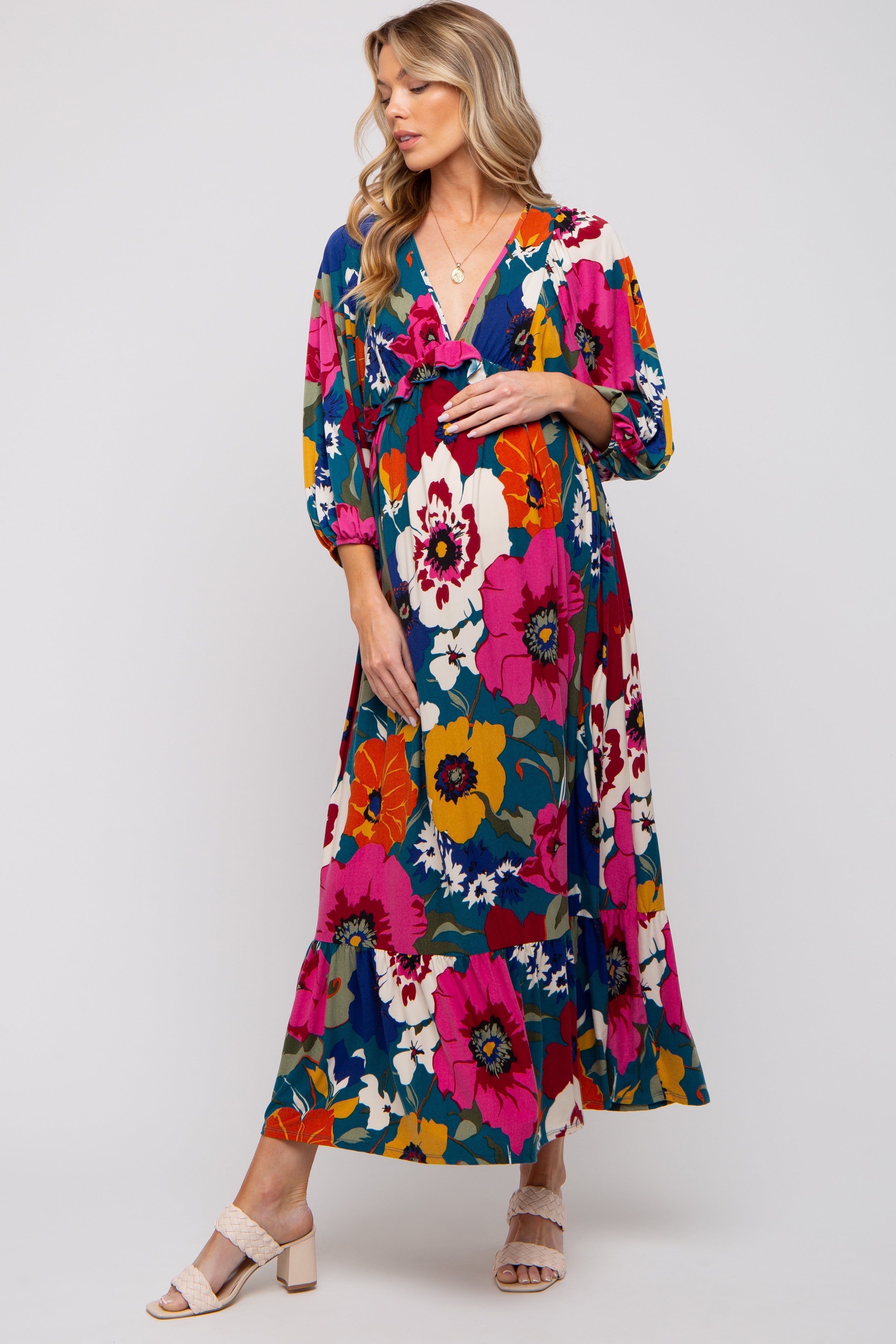 Teal Ruffle Accent Maternity Maxi Dress sold by Pinkblush