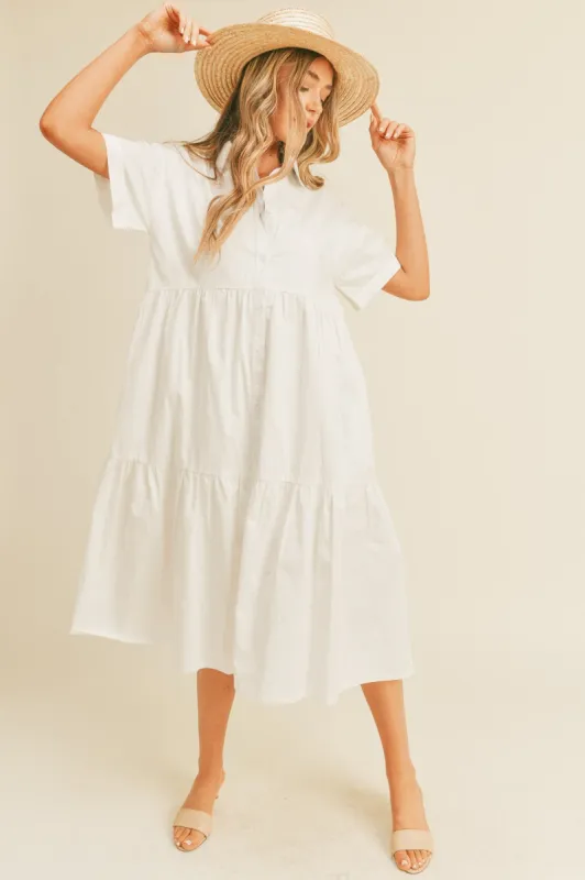 White Tiered Button Down Maternity Midi Dress sold by Pinkblush