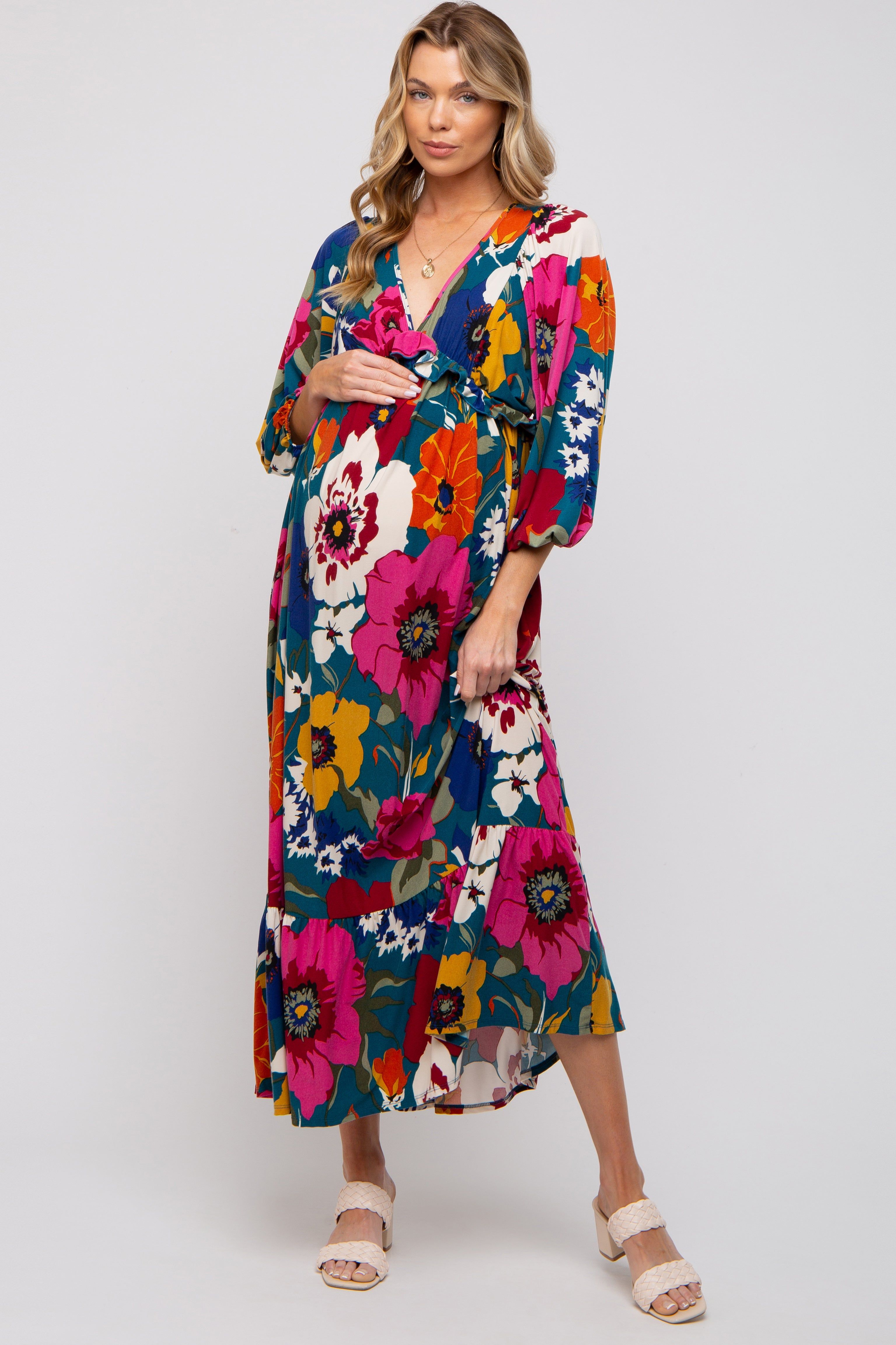 Teal Ruffle Accent Maternity Maxi Dress sold by Pinkblush product image thumbnail 2