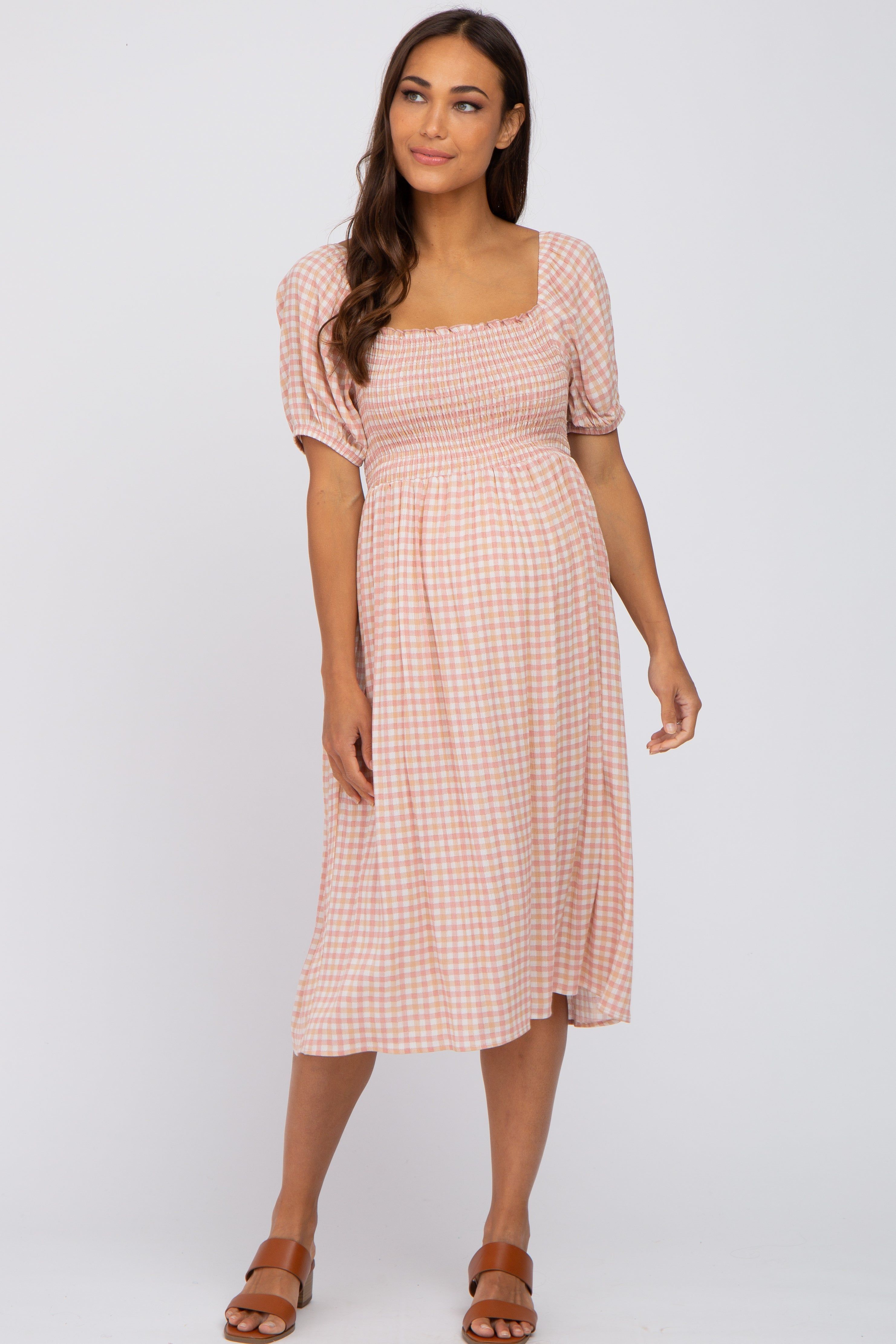 Pink Gingham Print Smocked Maternity Midi Dress sold by Pinkblush