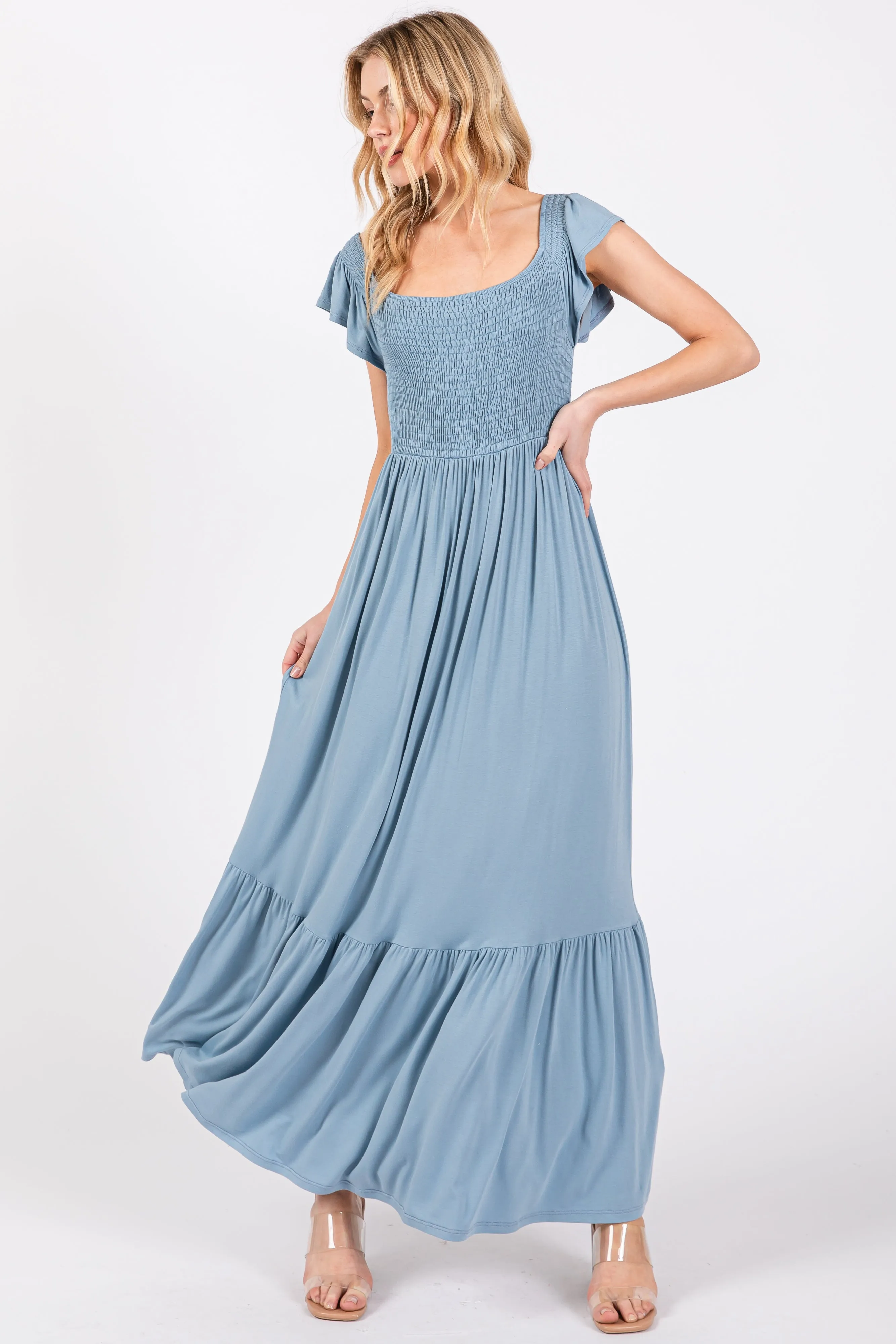 Light Blue Smocked Ruffle Hem Maternity Maxi Dress sold by Pinkblush product image thumbnail 4