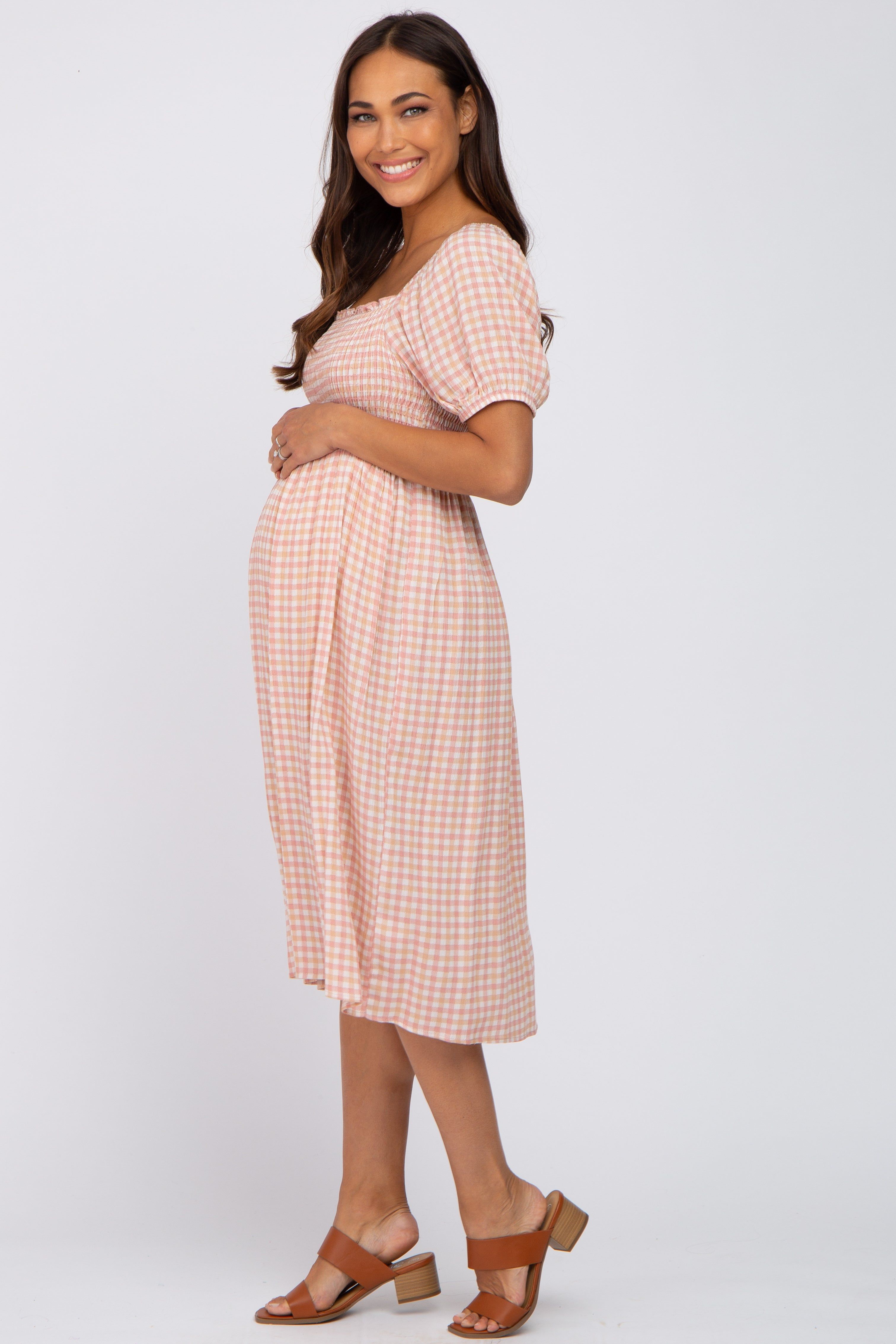 Pink Gingham Print Smocked Maternity Midi Dress sold by Pinkblush product image thumbnail 2